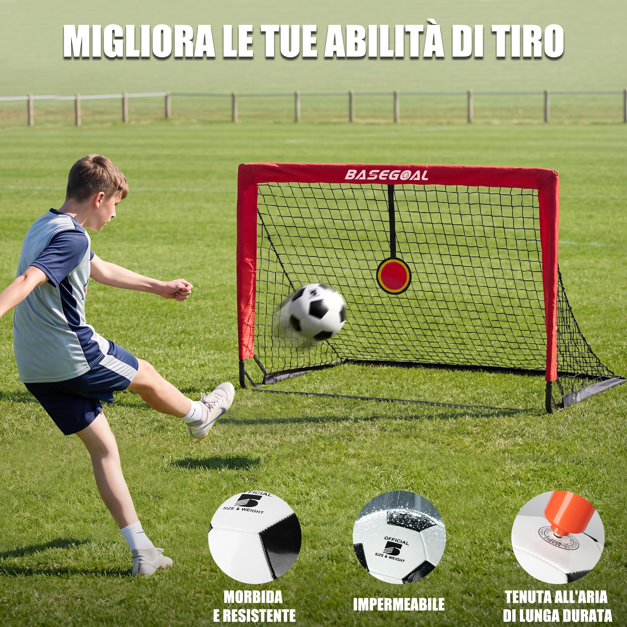 BaseGoal Set di 2 Porte da Calcio per Giardino 120x90cm con Calcio n. 5 | Porta da Calcio Adolescenti con Aste In Fibra di Vetro, Reti di Alta Qualità, Bersaglio, Coni da Calcio e Cono a Forma di U