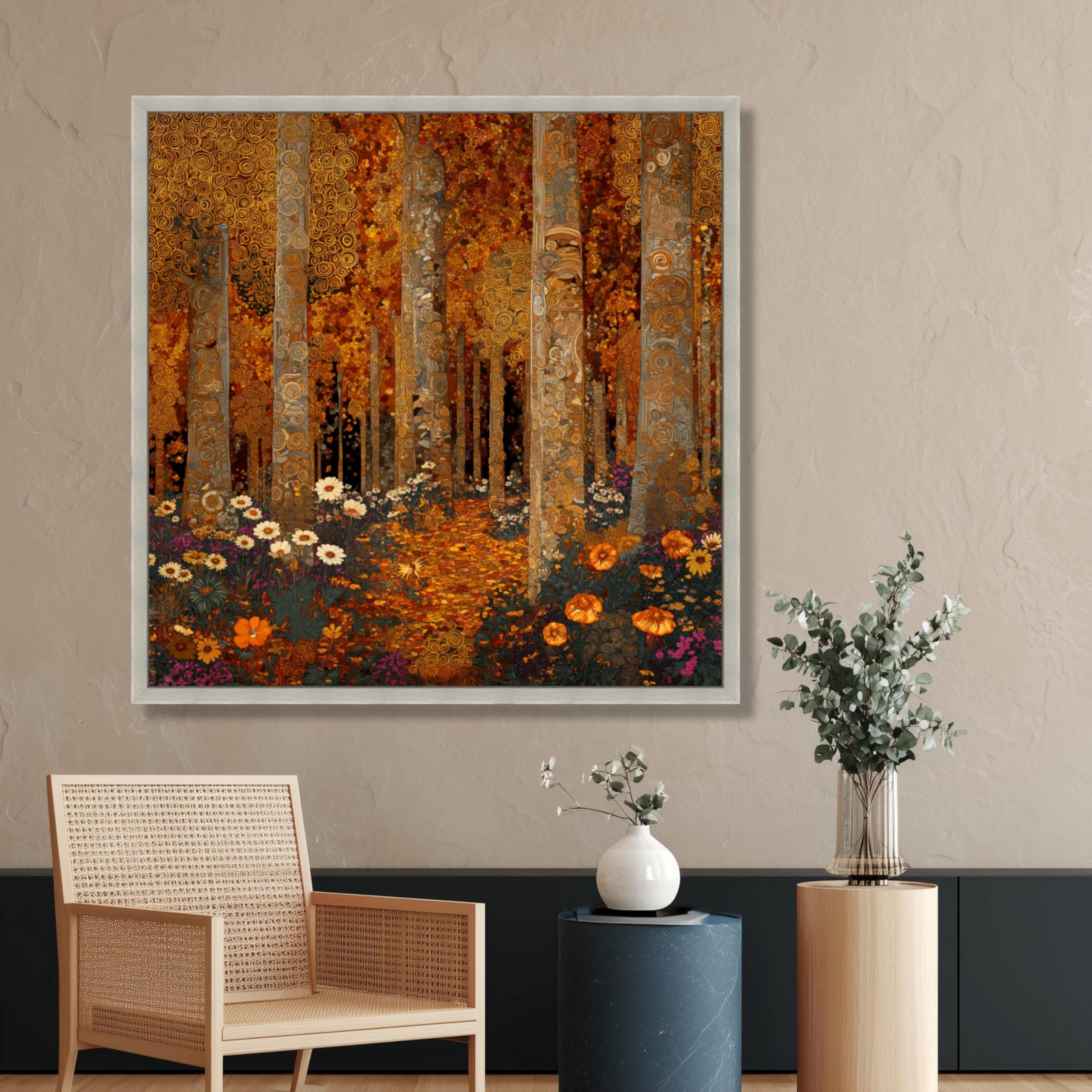 XINBAO Jesienna leśna ścieżka dekoracyjna na płótnie złoty pomarańczowy krajobraz słynny kwiatowy obraz dekoracja ścienna do domu (60 x 60 cm / wewnętrzna rama)