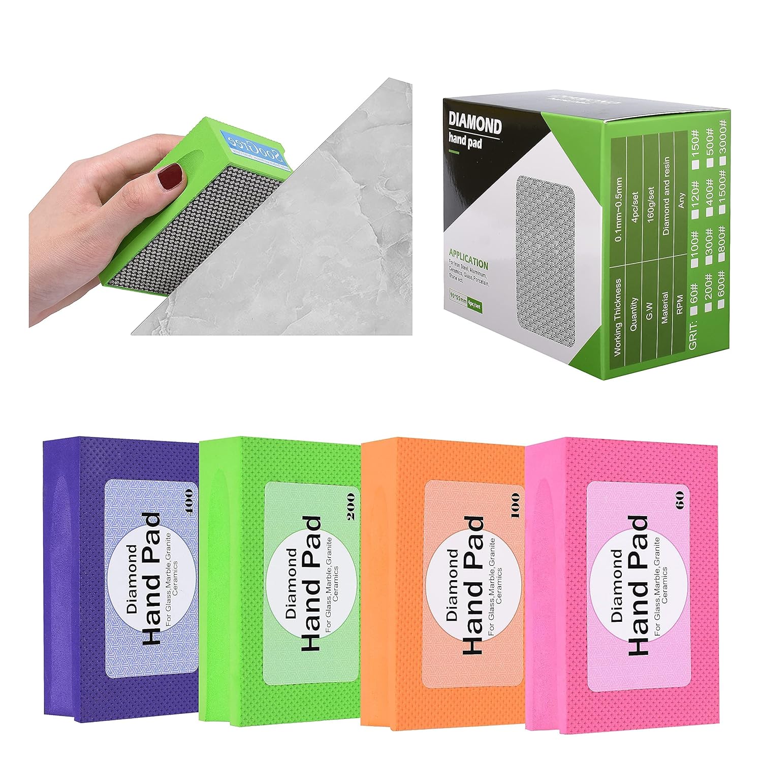 SooGree 4Pcs/Set Diamond Hand Polishing Pad Grinding Block Foam Back of Electroplated Hand Pads for Glass Marble Grantie Ceramics Stone