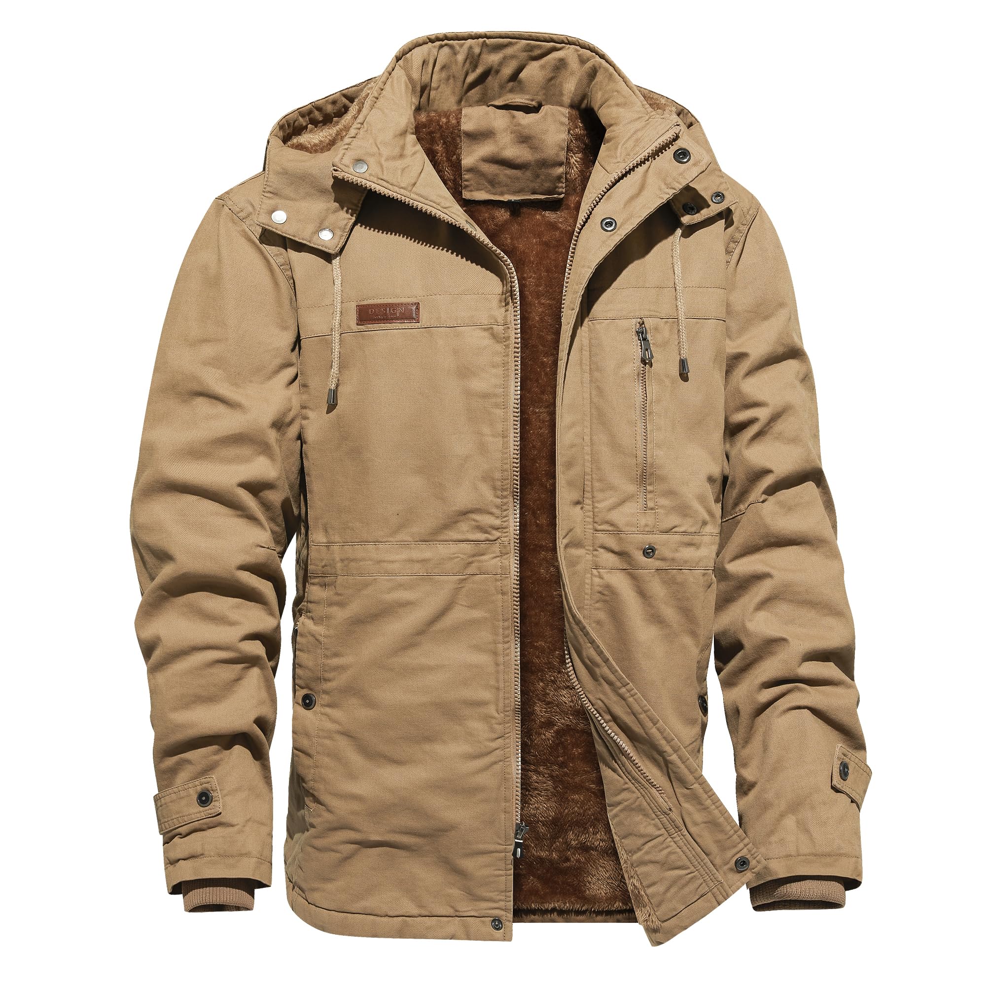 Mens Jacket Winter Casual Fleece Lined Cotton Thick Military Tactical Hooded Work Coats with Cargo Pockets