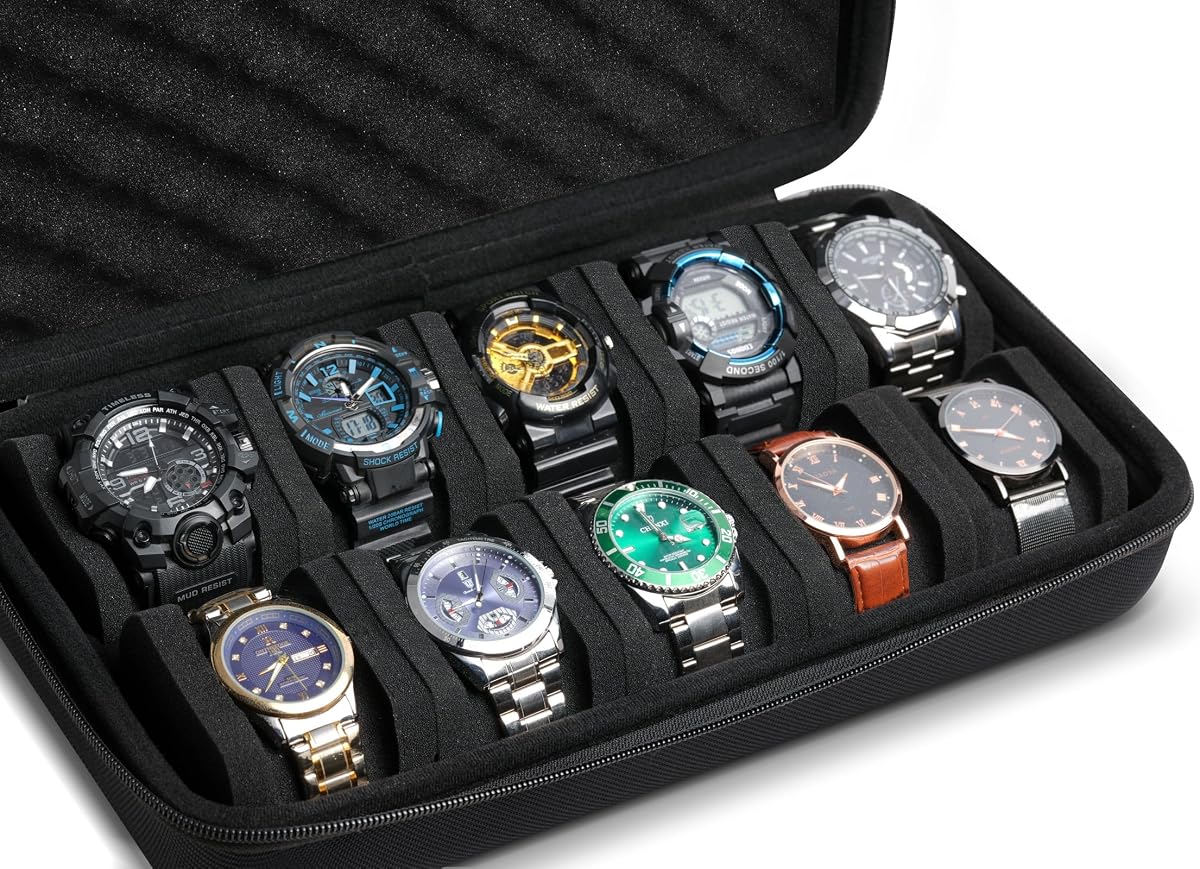 SAFEBUDDY 10 slots watch travel case, portable hard watch storage organizer box with soft foam inserts