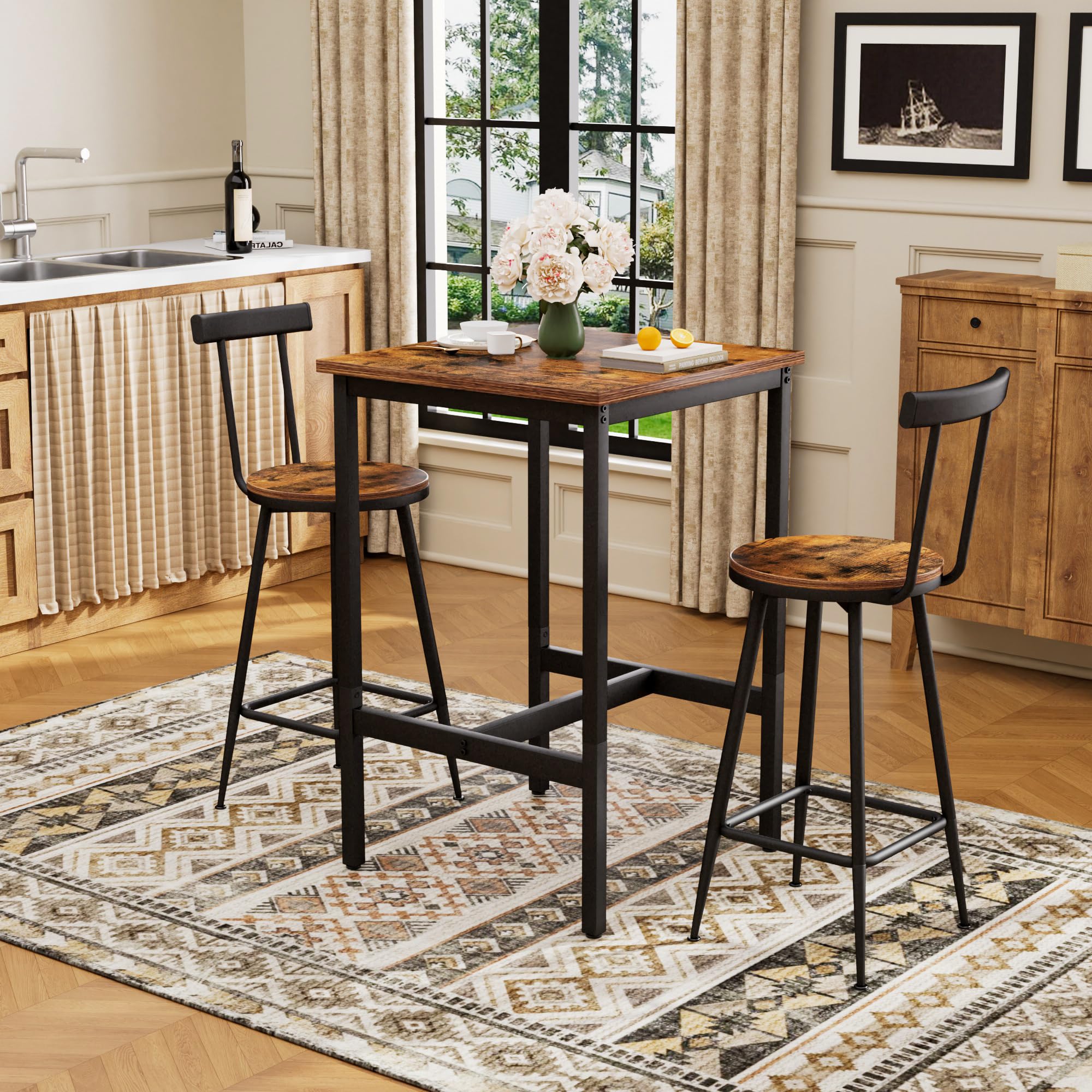 Set Tavolo da Bar e 2 Sgabelli in Acciaio, Cucina, Marrone Rustico, 3 Pezzi