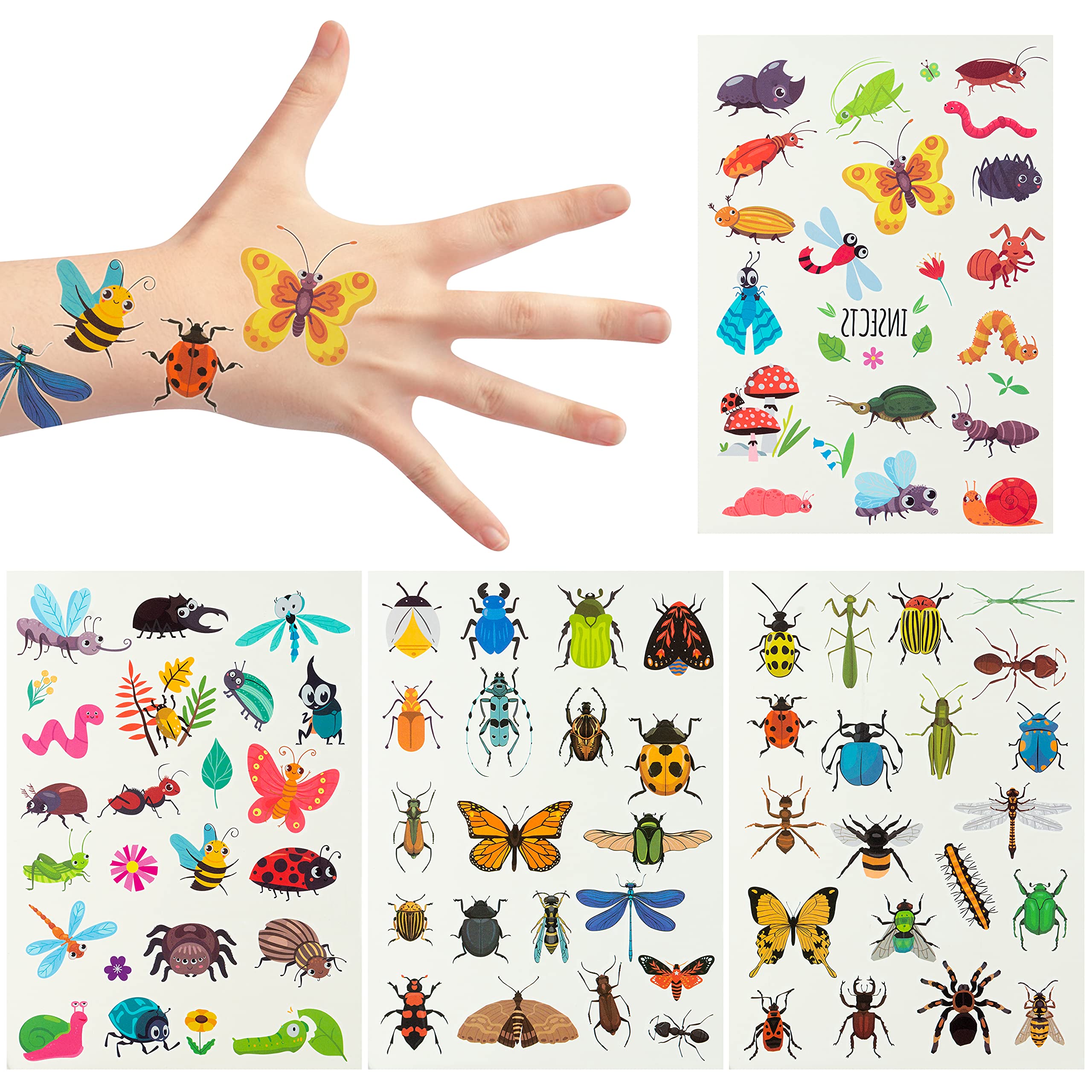 MALLMALL6 24 Sheets Insect Temporary Tattoo for Kids 2 Inch Bug Nature Non-Toxic Tats with Butterfly Bee Dragonfly Ladybug, Waterproof Body Tattoos Sticker Art Decal Gift Bag Fillers Party Favor