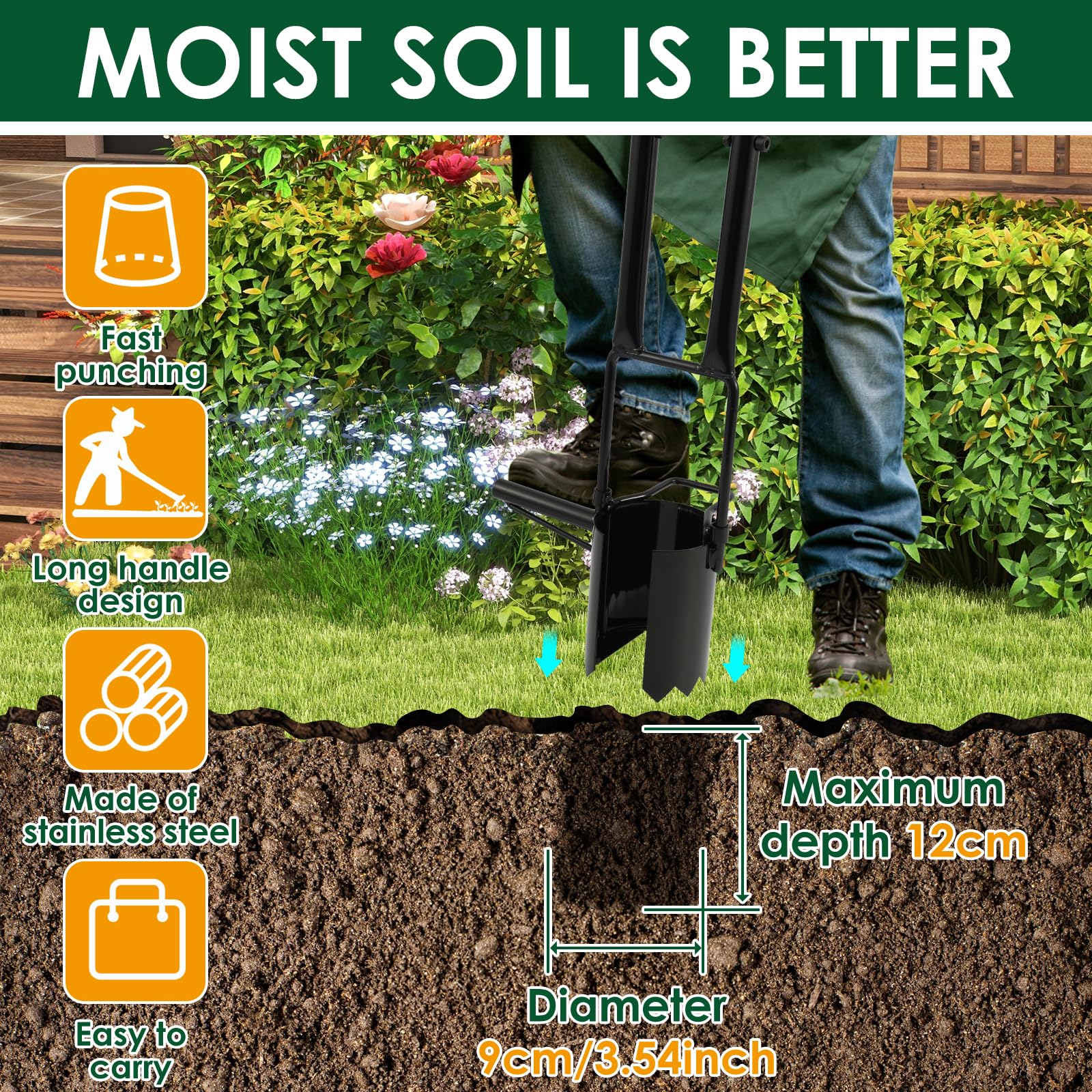 ZJRDYYK Long Handled Bulb Planter Tool, Gardening Bulb Transplanter Tool, Sod Plugger for Digging Holes to Plant Tulips, Iris, Daffodils