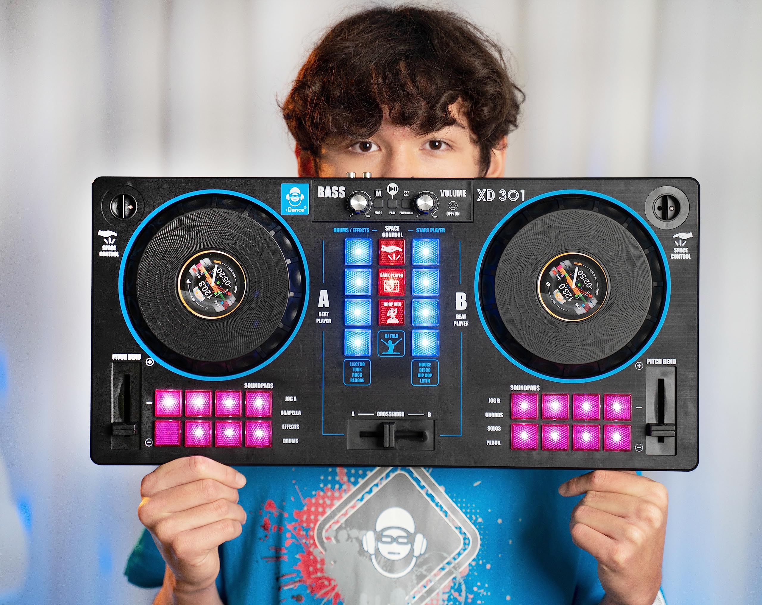 Cefa Toys Station de DJ portable avec haut-parleurs et contrôle spatial 14 en 1, avec tourne-disque, crossfader et plus de 144 combinaisons de Mix, comprend un lecteur Bluetooth et USB et une batterie
