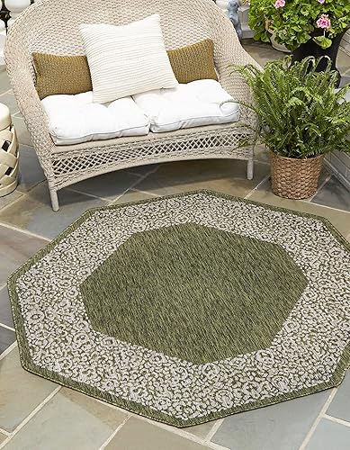 Unique Loom Outdoor Border Collection - Alfombra con borde floral (octágono de 5 pies y 3 pulgadas, color verde y marfil)