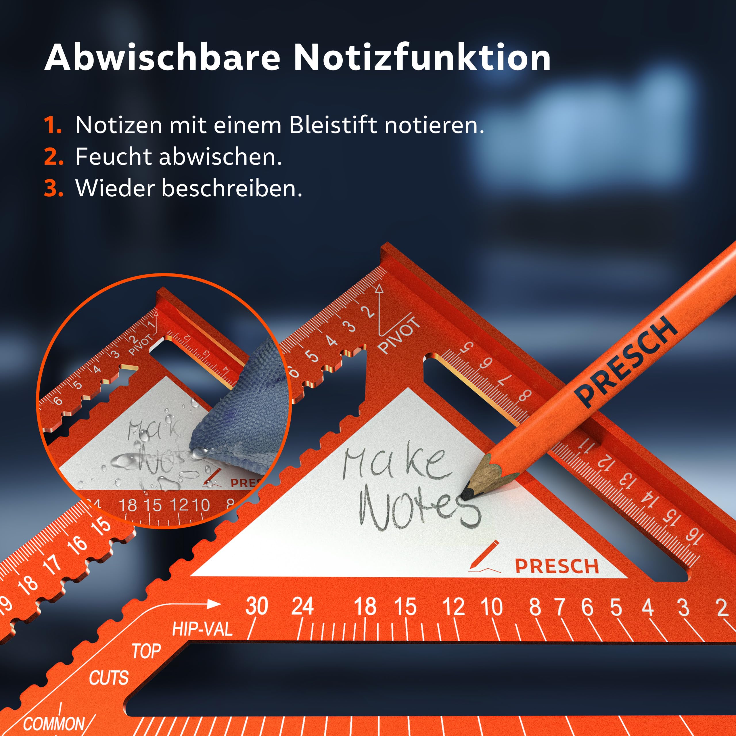 Presch Zimmermannswinkel Set - 180mm & 300mm - Innovative, abwischbare Notizfläche - Intelligente Bohrlehre für exakte Durchmesser - Hochpräzise gefrästes Aluminium für exakte 90° Winkel