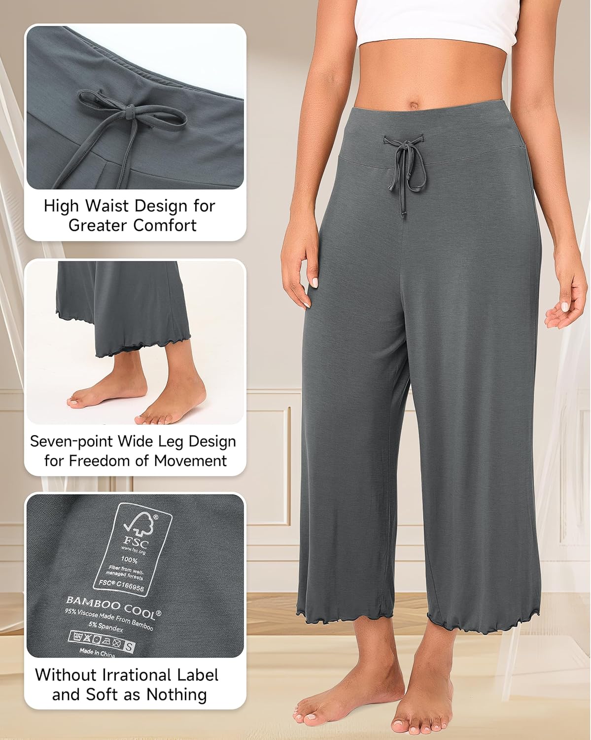 BAMBOO COOL Women Pajama Pants High Waisted Wide Leg Lounge Sleep Bottoms Light Weight Casual Yoga Capri Pants - Image 3