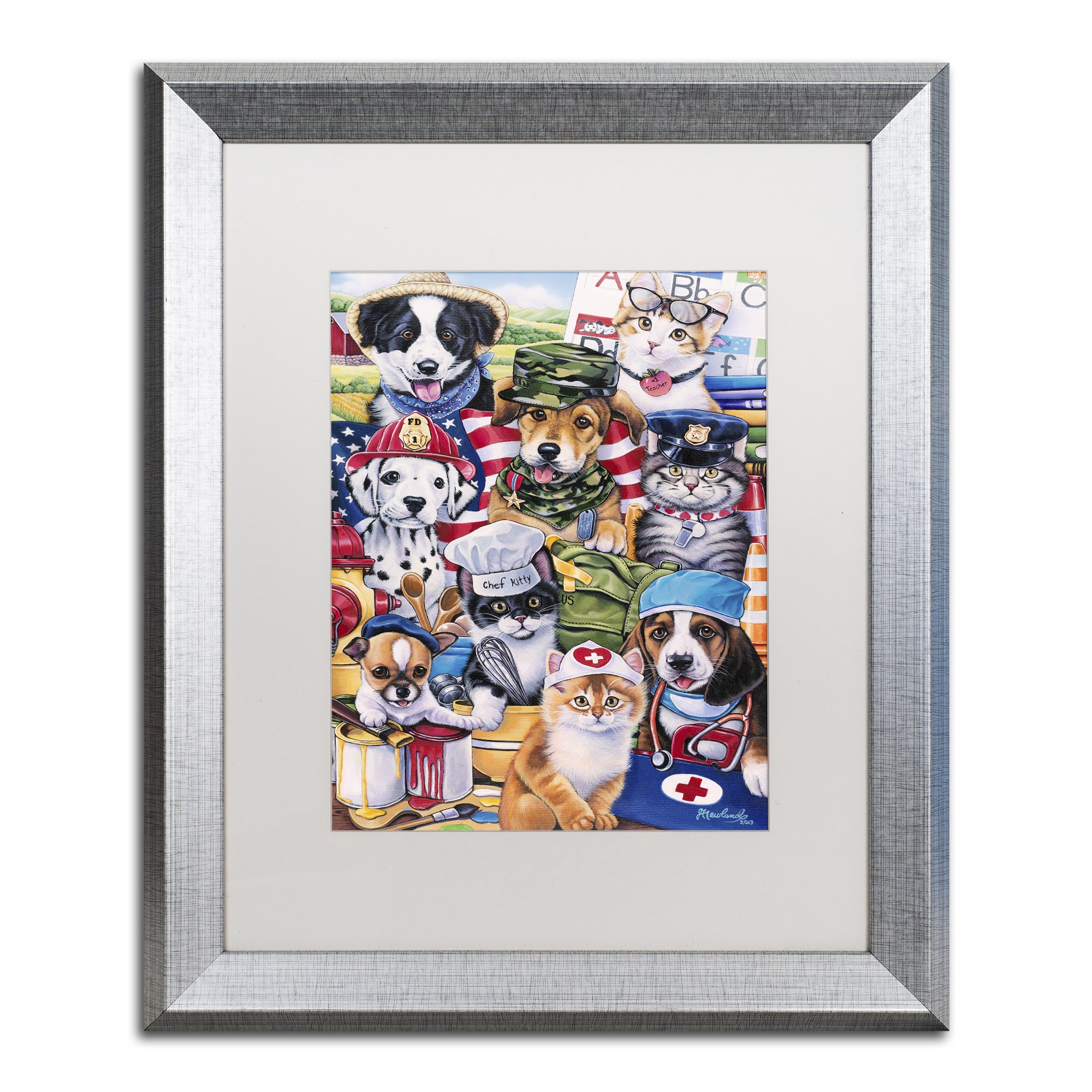 "Working Paws by Jenny Newland" White Matte Silver Framed Artwork, 16" x 20"