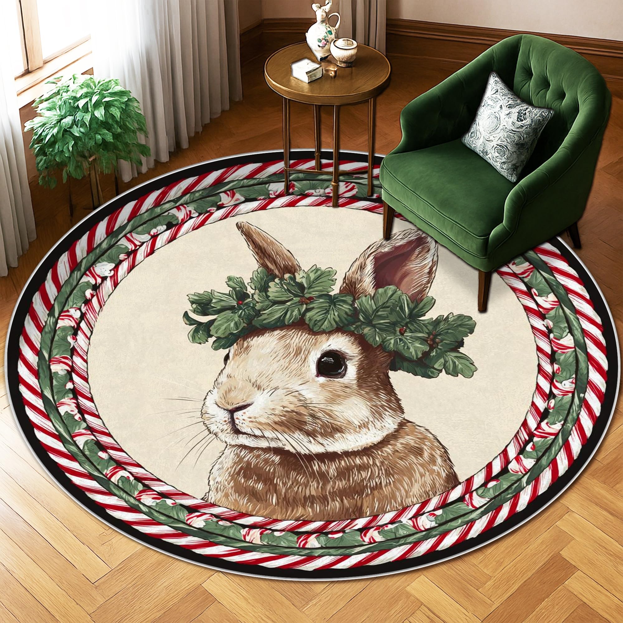 Tapis lapin, houx et sucre d'orge 1,8 x 1,8 m avec bordure finie et envers antidérapant