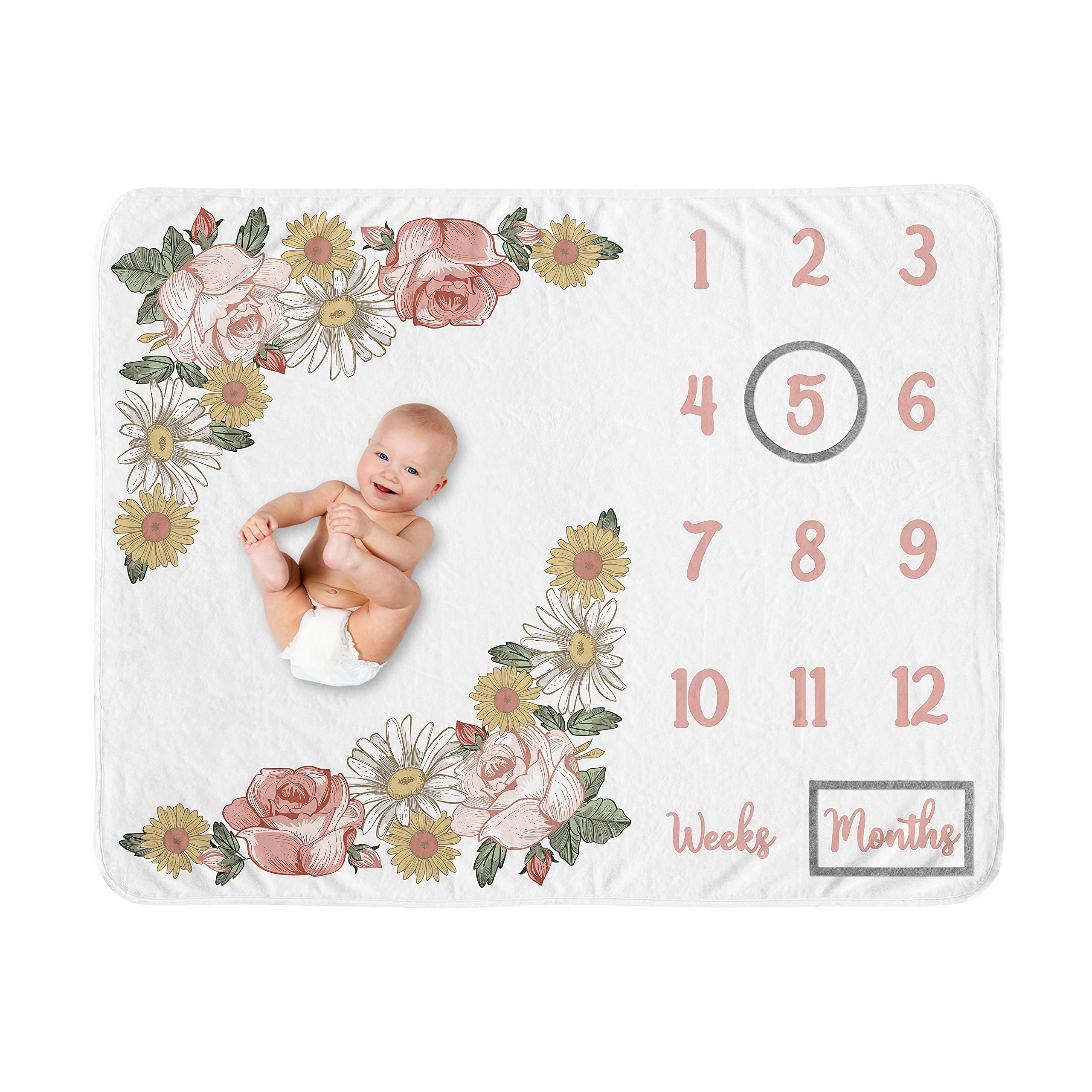 Sweet Jojo Designs Baby Milestone Blanket (Pink & Green Boho Vintage Floral) for Girls Monthly Newborn Age Mat Infant Photography Prop Blankets (Blush
