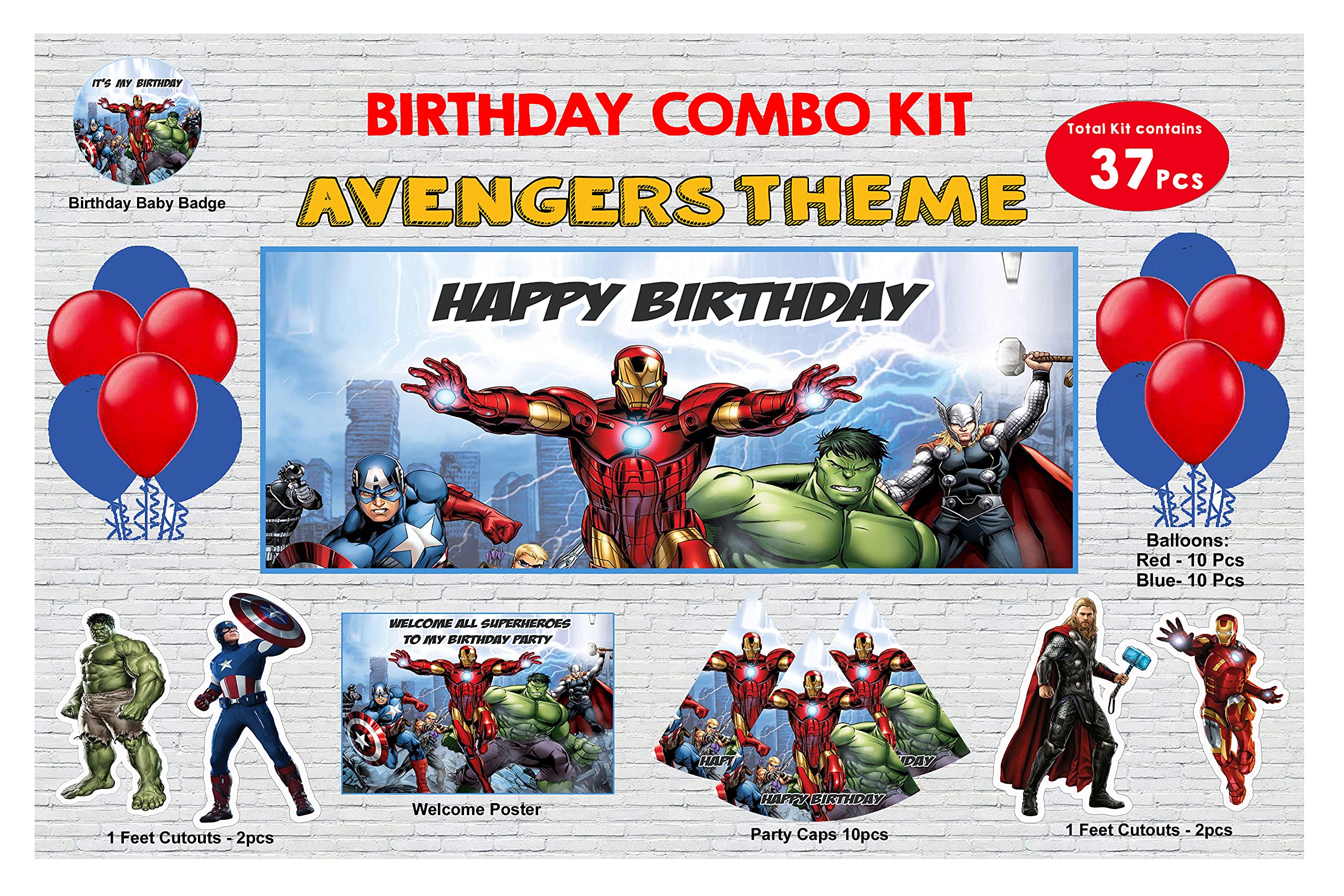 WoW Party Studio Avengers Super heros Theme Birthday Party Decoration Supplies - Combo Kit #2 (37 Pcs)