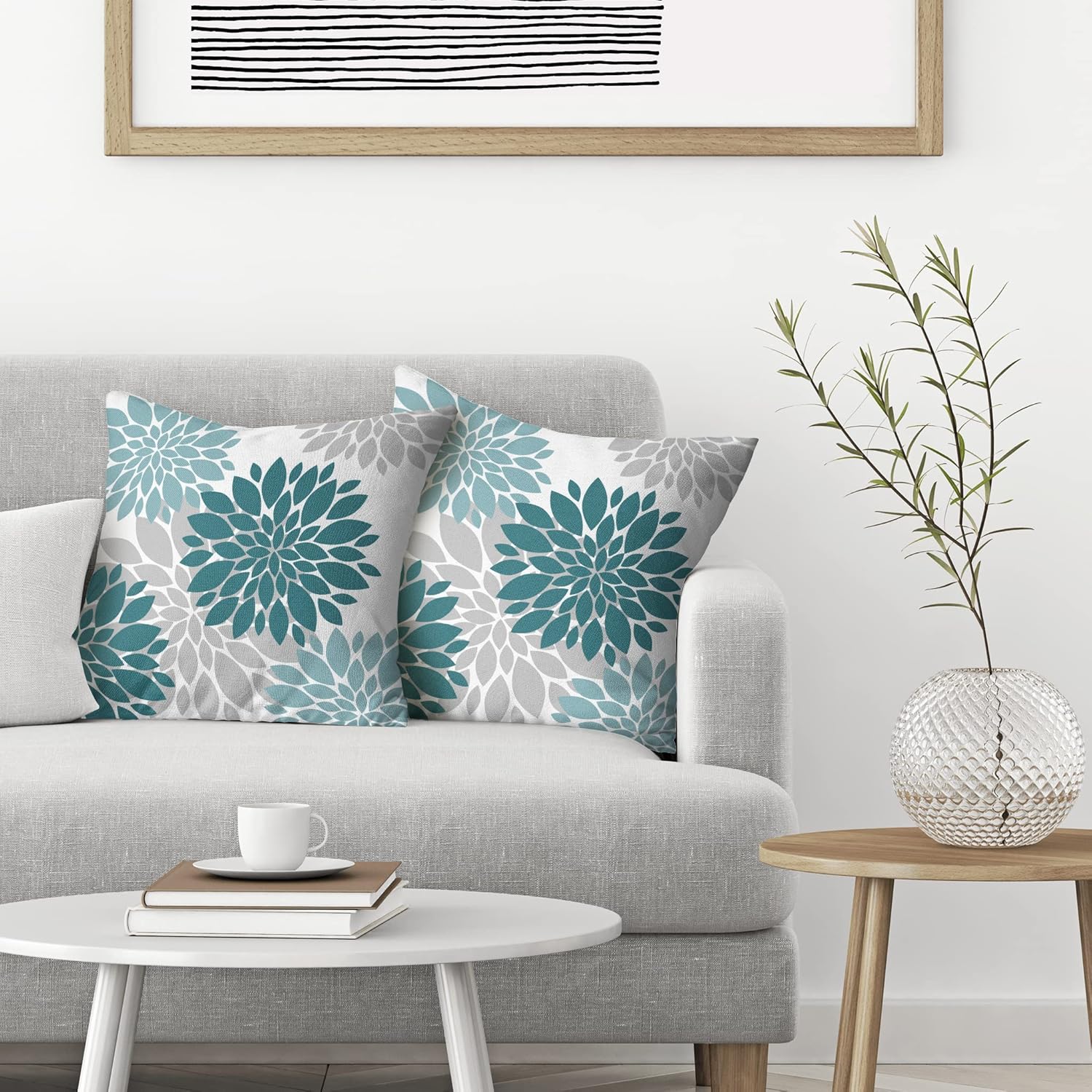 Teal Pillow Covers 18x18 Inch 2 Pcs,Turquoise Colored Geometric Dahlia Decorative Throw Pillows,Summer Gray Aqua Flower Outdoor Decor Pillowcase Linen Square Cushion Cover Gift for Porch Patio Couch : Home & Kitchen