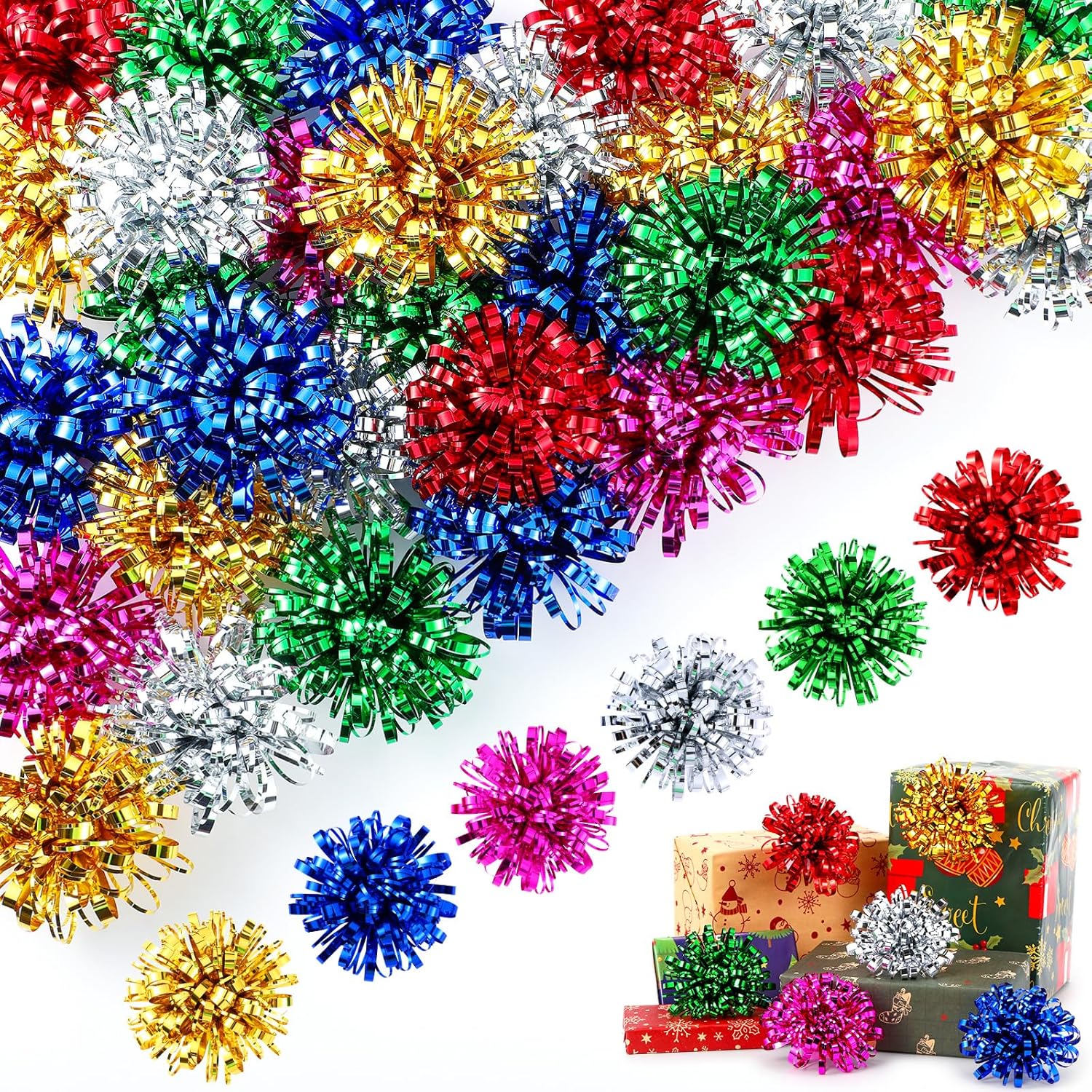 Yunlly 40 Pcs 4 Inch Christmas Tinsel Bows for Gift Wrapping Bulk Self Adhesive Gift Wrap Bows Toppers for Present Holiday Christmas Birthday Party Decoration Accessory(Classic Colors)