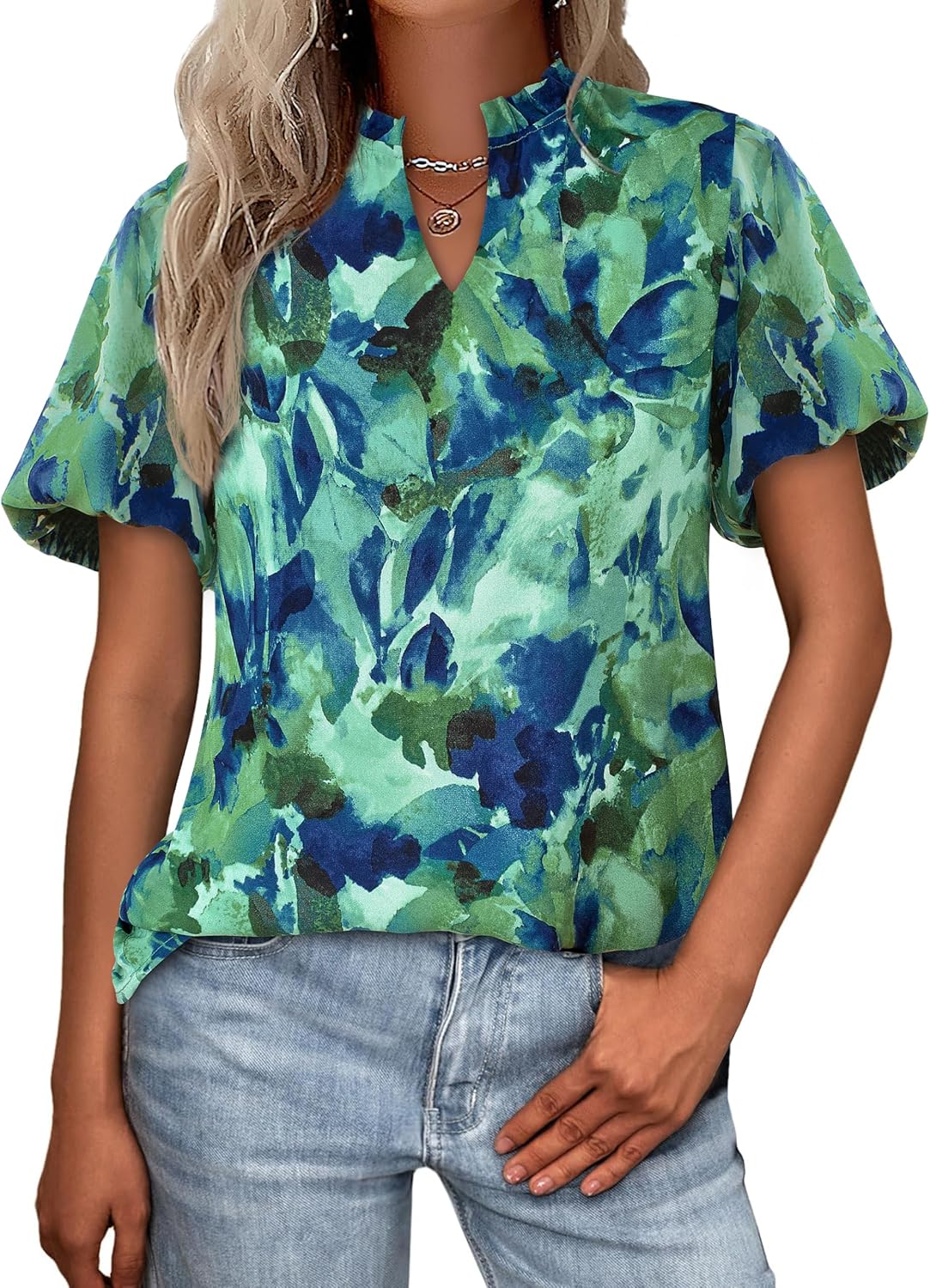 MASCOMODA Boho Short Sleeve Floral Work Blouses for Women Dressy Casual V Neck Puff Sleeve Loose Chiffon Flowy Tops Shirts