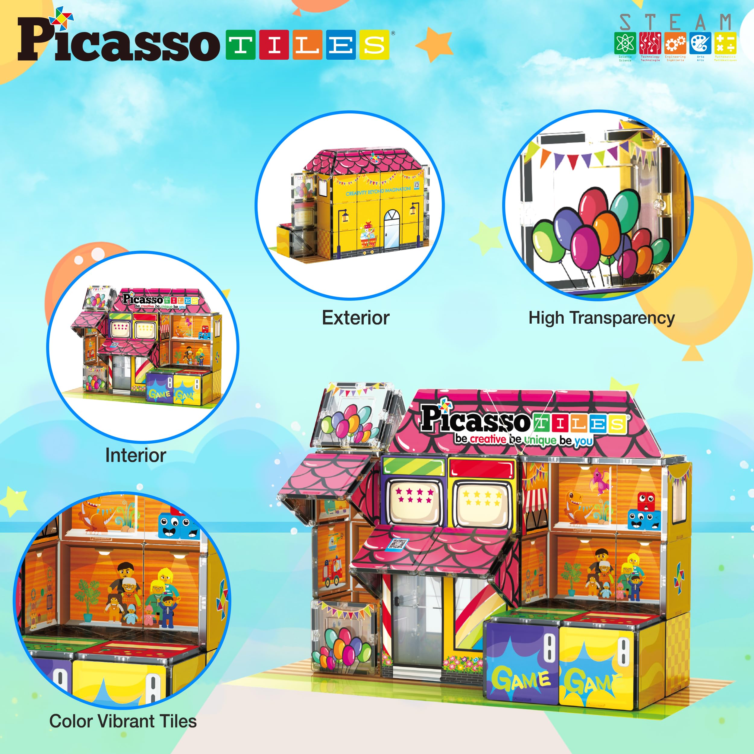 PicassoTiles 60pc Magnetic Building Block Magnet Tile Toy Shop Theme Pretend Play Construction Kit Reconfigurable Printed Structure Double-Sided Printing Education STEM Learning Playset Ages 3+ PTQ50