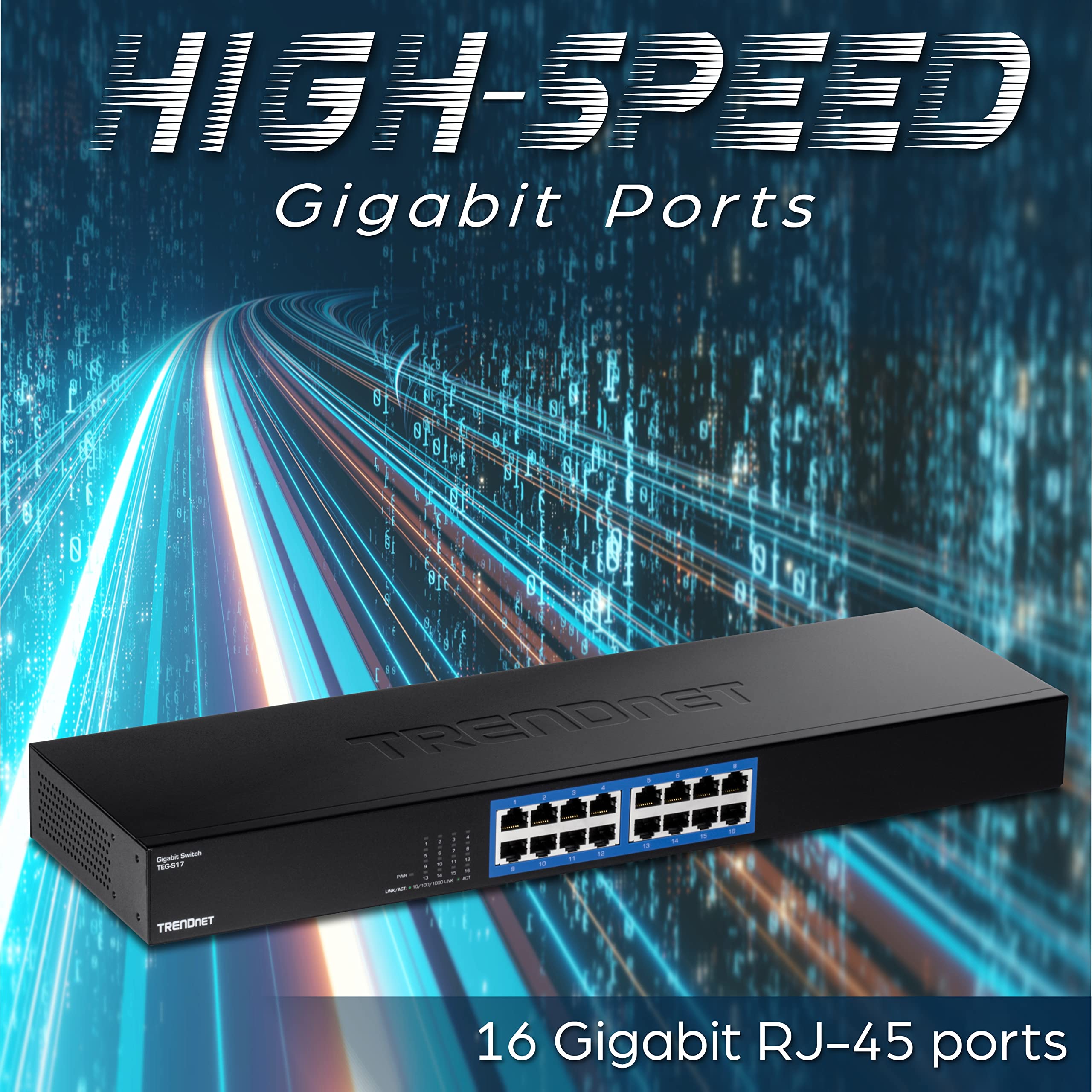 TRENDnet, TEG-S17, Commutateur Gigabit 16 Ports, 16 Ports Gigabit RJ-45, capacité de Commutation 32 Gbit/s, Conception sans Ventilateur, boîtier métallique, Alimentation Interne, Noir