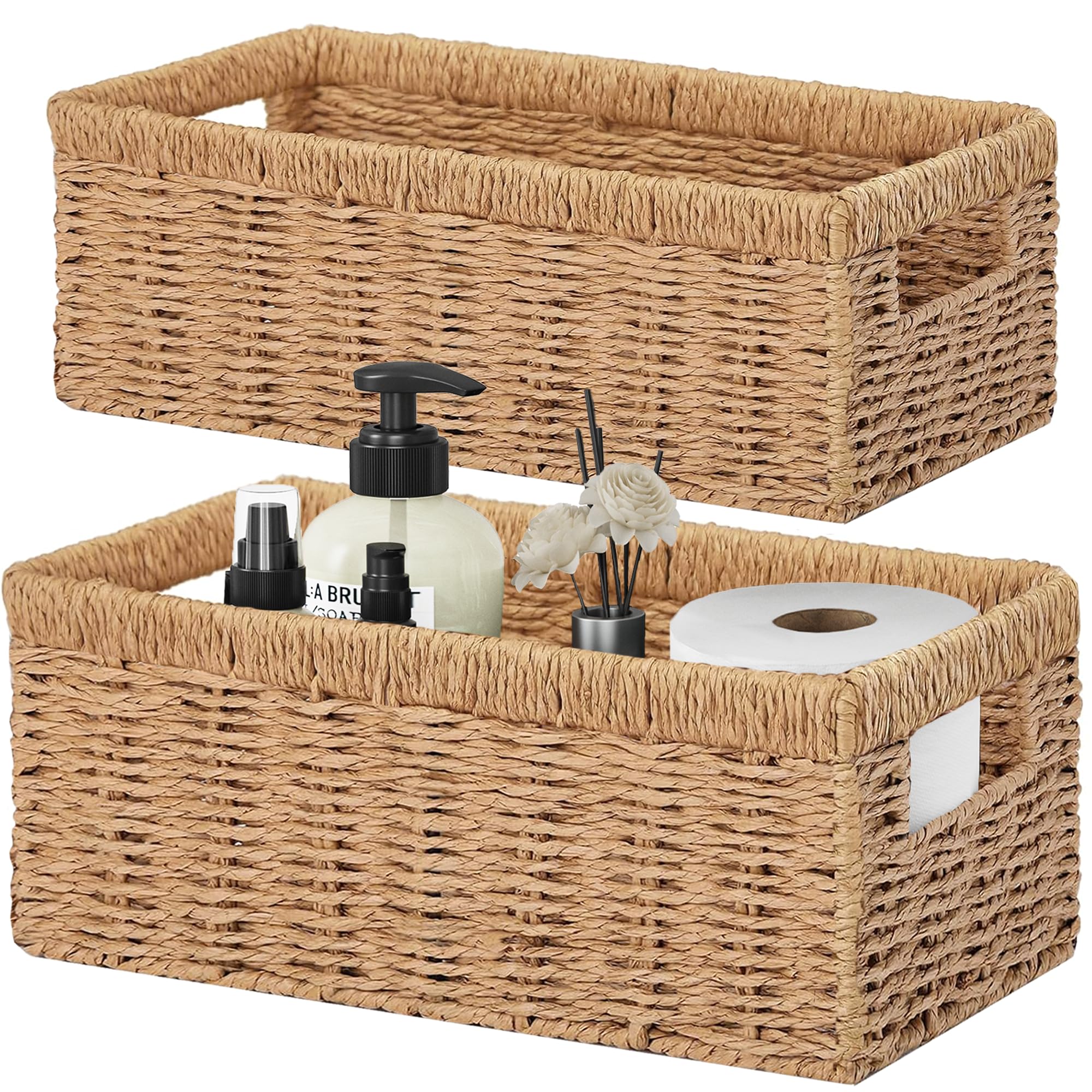 Wicker Storage Basket with Handle, Set of 2 Handwoven Storage Basket for Shelves, Wicker Organizer Basket, Toilet Paper Basket, Small Shelf Organiser Hamper Toy Gift for Bathroom (Natural, 35x18x12cm)