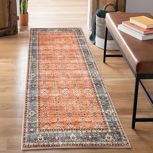 Bloom Rugs Alfombra de pasillo lavable antideslizante de 7 pies  naranjaverde azulado con borde tradicional para entrada, pasillo, baño y cocina,
