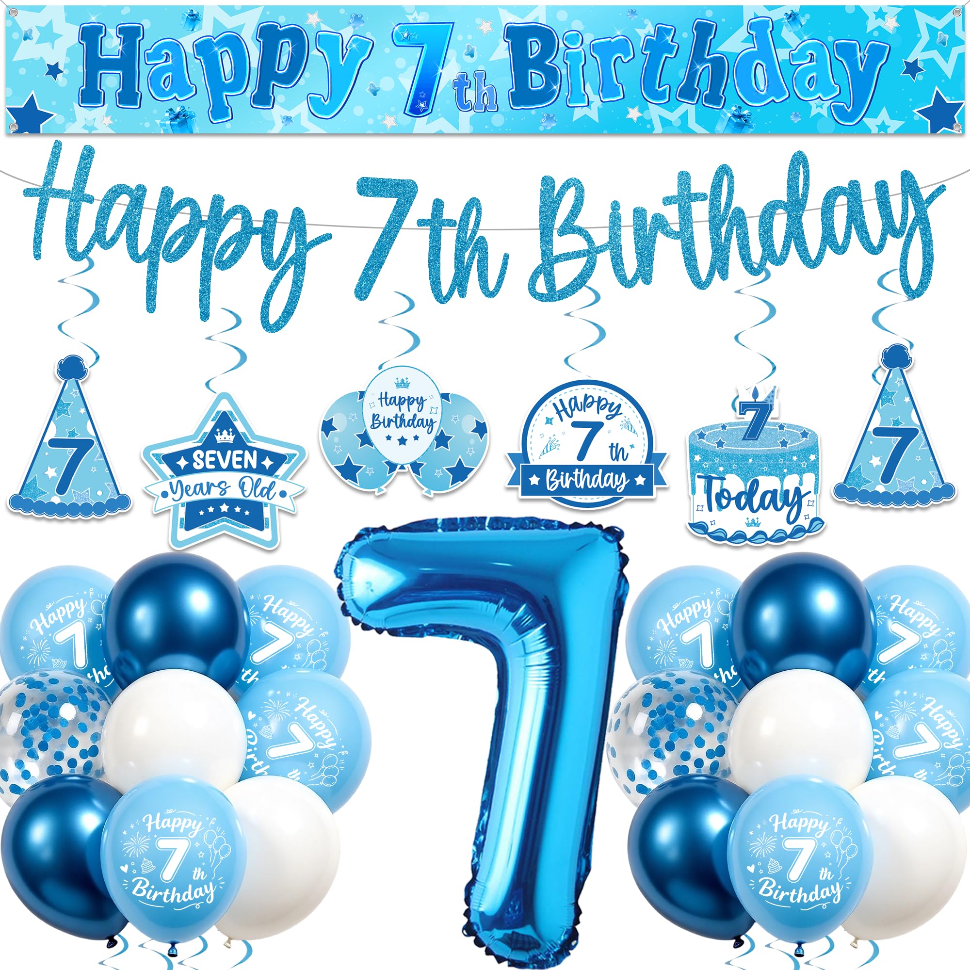 7th Birthday Decorations for Boys, Blue 7 Years Old Party Supplies