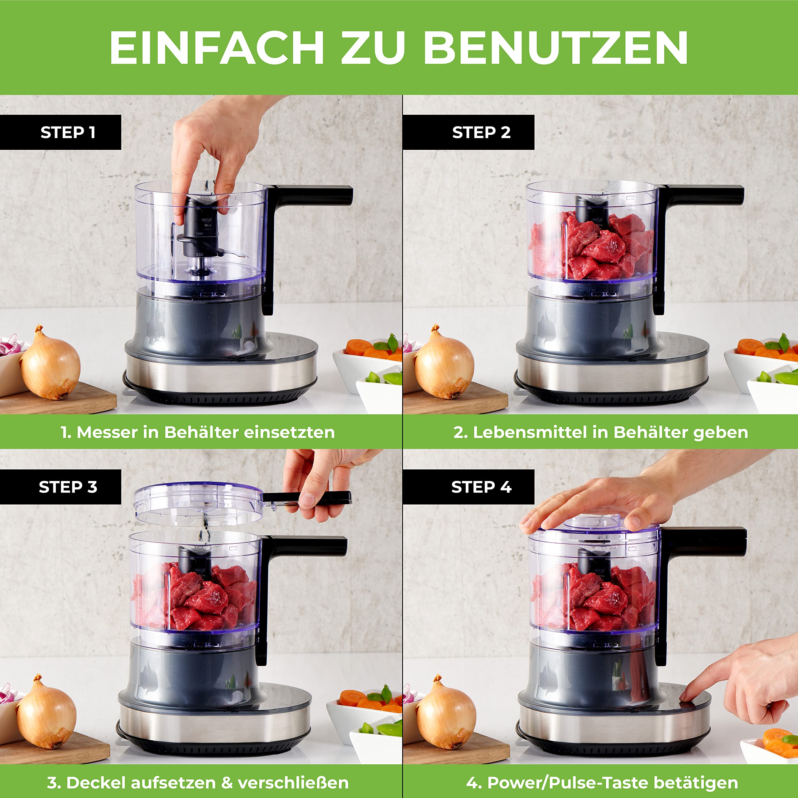 NUTRI-CHOPPER 4D tritatutto elettrico con funzione AUTO-BLADE – senza BPA – marchio tedesco – Food Processor trituratore universale per cipolla carne, noci, pesto