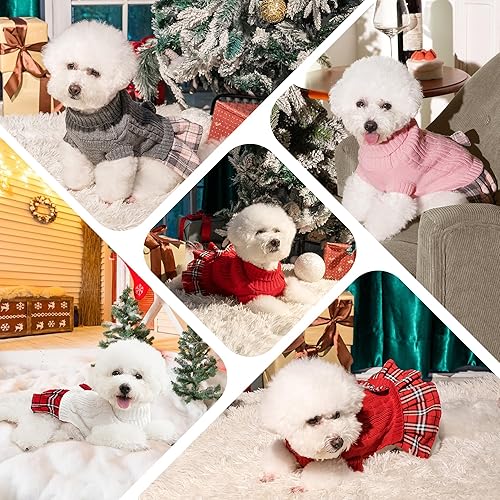 WOYYHO Girl Dog Sweater Dress with Bowtie Turtleneck Small Dogs Sweater with Leash Hole, Knitted Small Dog Sweaters Dress Puppy Winter Clothes for Yorkies Chihuahua (Large, Pink)(Grey,Small (5-9lbs))