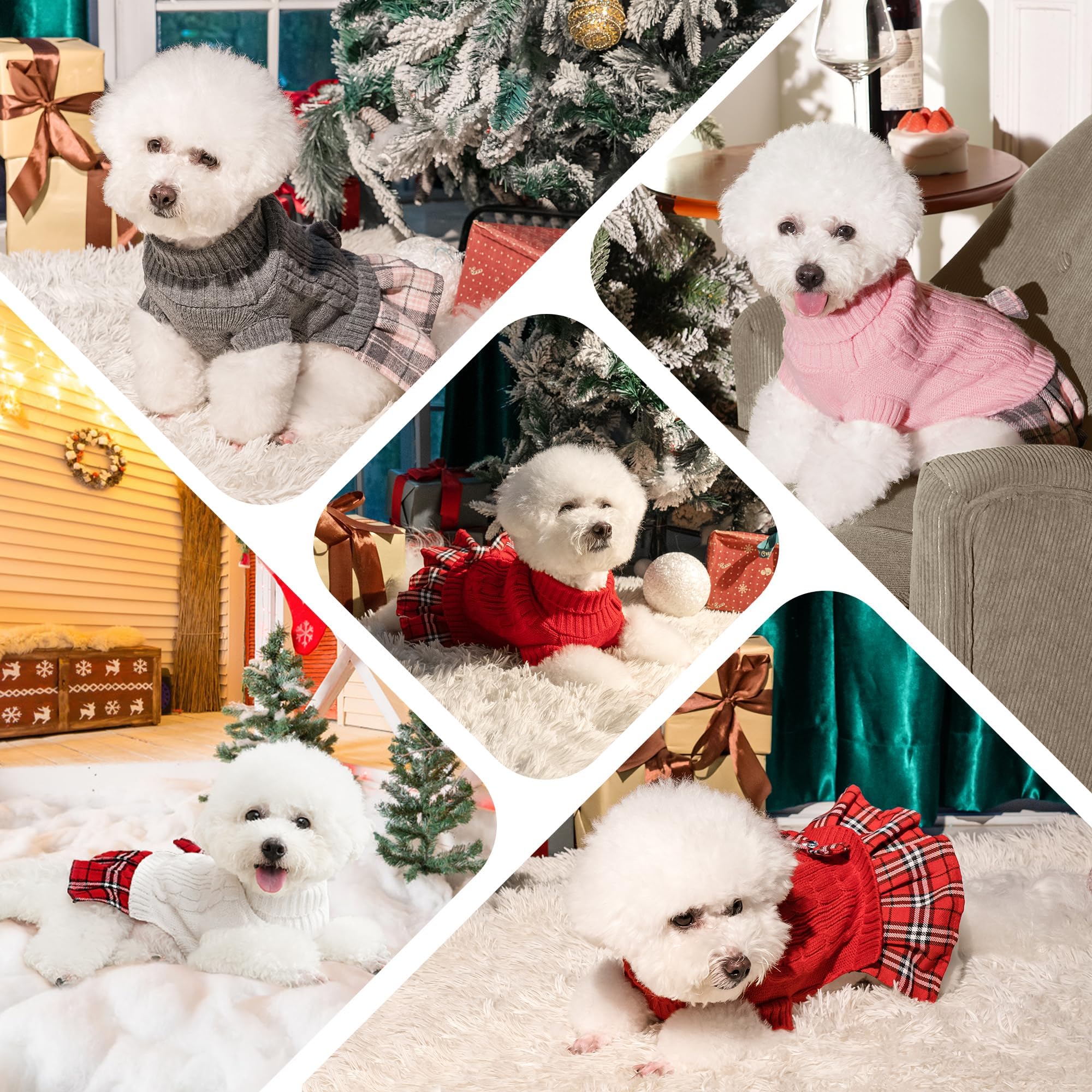 WOYYHO Hundepullover, Kleid mit karierter Fliege, Faltenrock, Hundepullover mit Loch für die Leine, Rollkragen, Hundepullover, Strickwaren, Welpenpullover, Winter, Hundekleidung für kleine mittelgroße