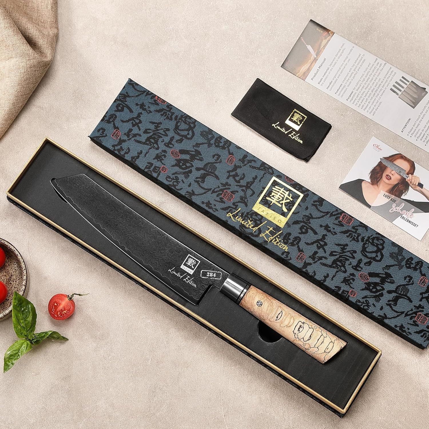 zayiko Limited Edition Kiritsuke Knife Black Meteor – 8-Inch Damascus Blade | 67 Layers Steel with VG10 Core & Titanium Coating | Maple Wood Handle | Professional Kitchen Knife in Gift Box