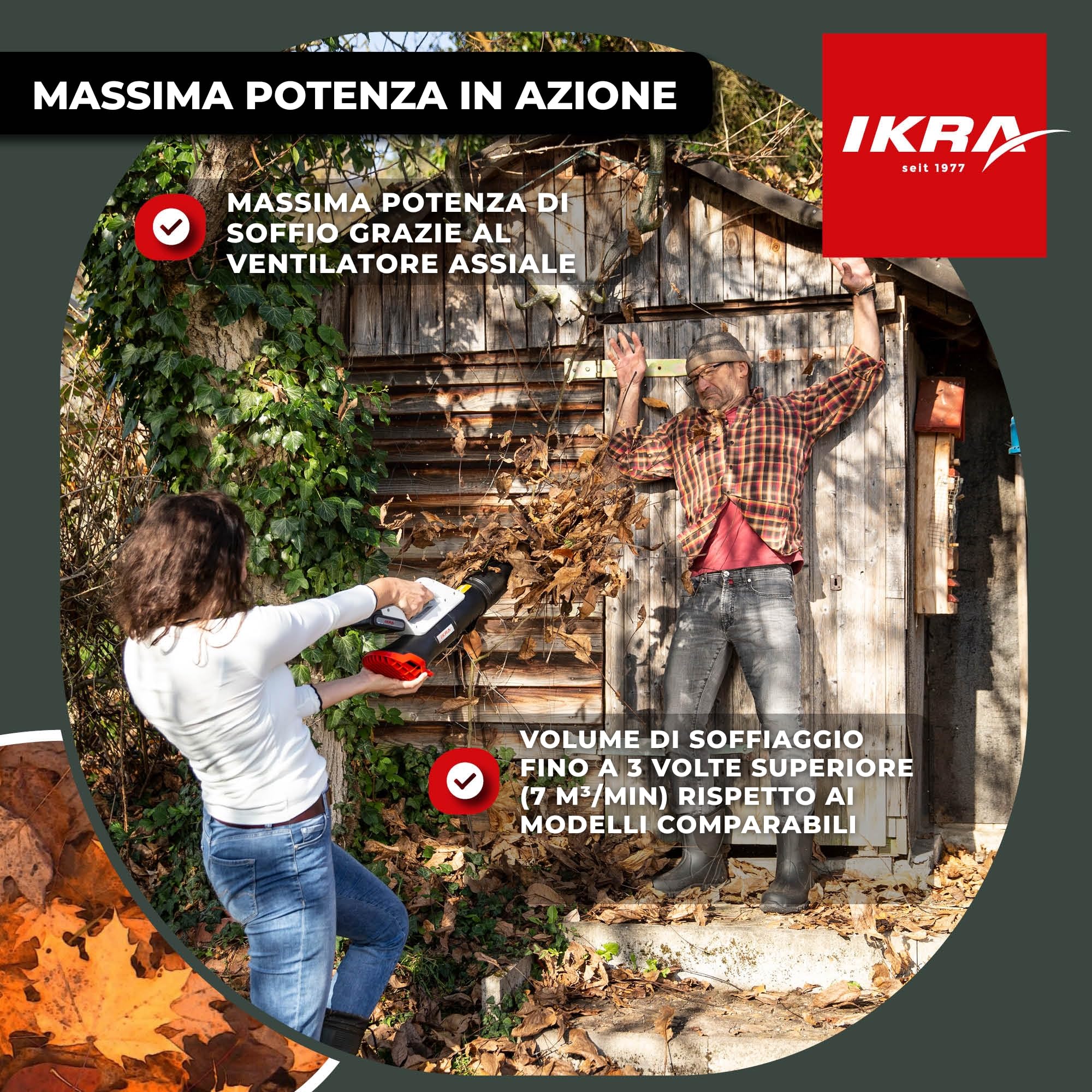 IKRA soffiatore ICB 20, con batteria da 20V 2Ah e caricabatterie, 150 km/h | Il ventilatore assiale rimuove anche le foglie umide, compatto e leggero, compatibile con batterie 20 V di IKRA