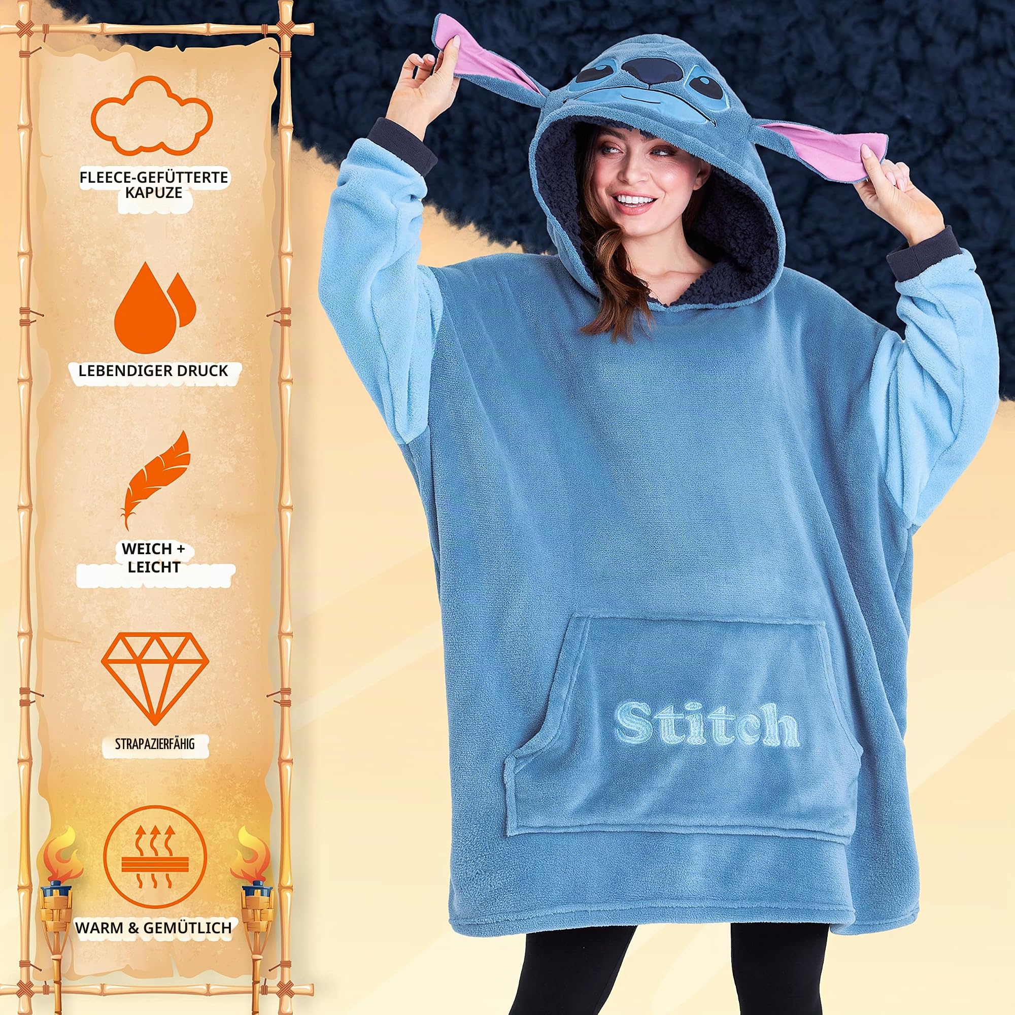 Disney Stitch Übergroße Hoodie Decke Damen - Fleece Oversized Kapuzenpullover mit Ärmeln für Teenager - Einheitsgröße