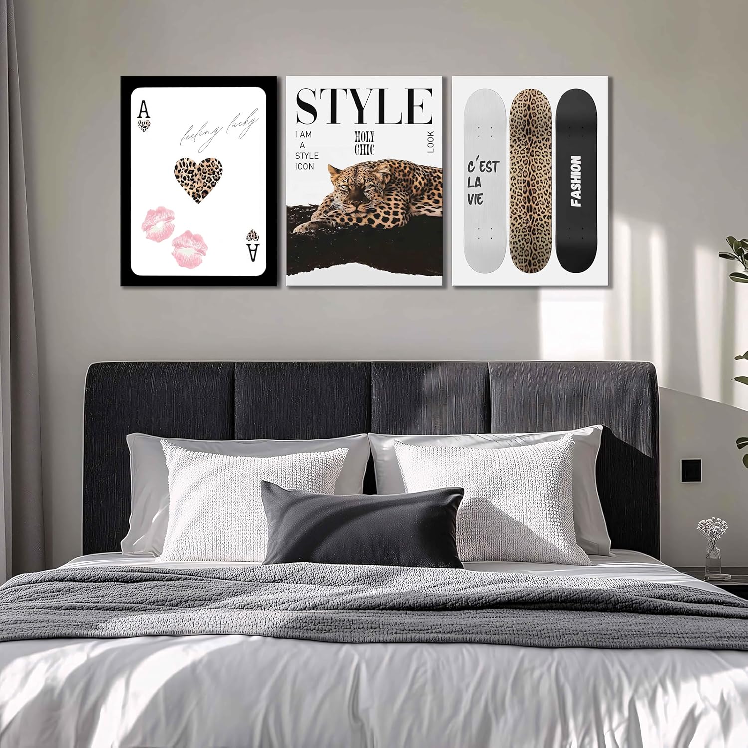 3Pcs Trendy Leopard Canvas Wall Art,Vintage Preppy Aesthetic Stylish Leopard skateboard Funky Lucky 8Ball Cheetah Artwork Posters Print for Bedroom Living Room Bathroom Decoration12X16in Framed