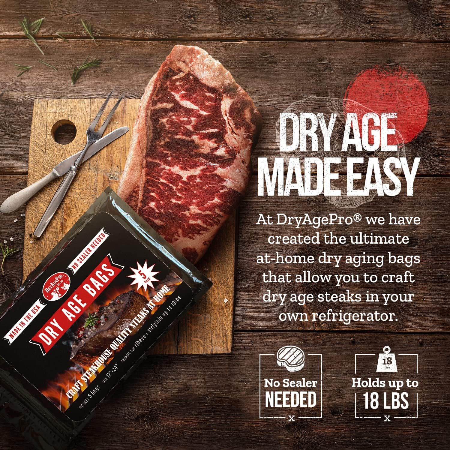 DryAgePro® Dry Age Bags for Meat, 12” x 24” Bags for Ribeye and Striploin up to 18 lbs, Pack of 5, No Vacuum Sealer Needed, Easy-to-Use Steak Aging Kit