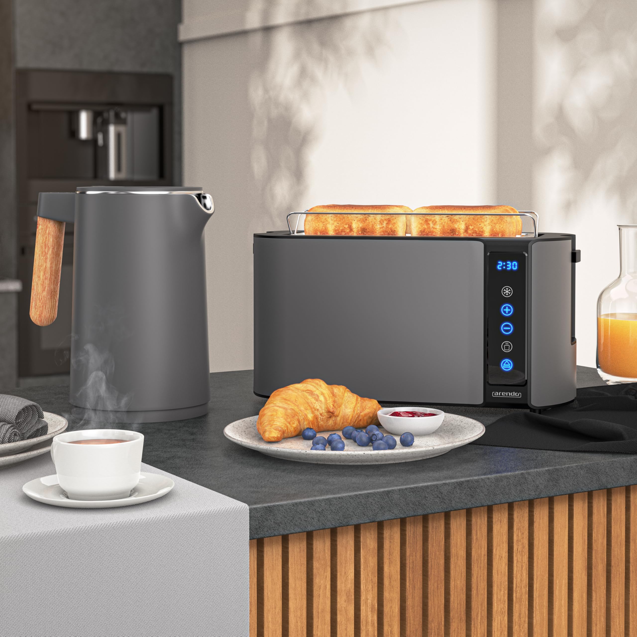 Arendo Wasserkocher Toaster Set Edelstahl 45-100 Grad Warmhaltefunktion 4 Scheiben Touch Display Brötchaufsatz Cool Grey