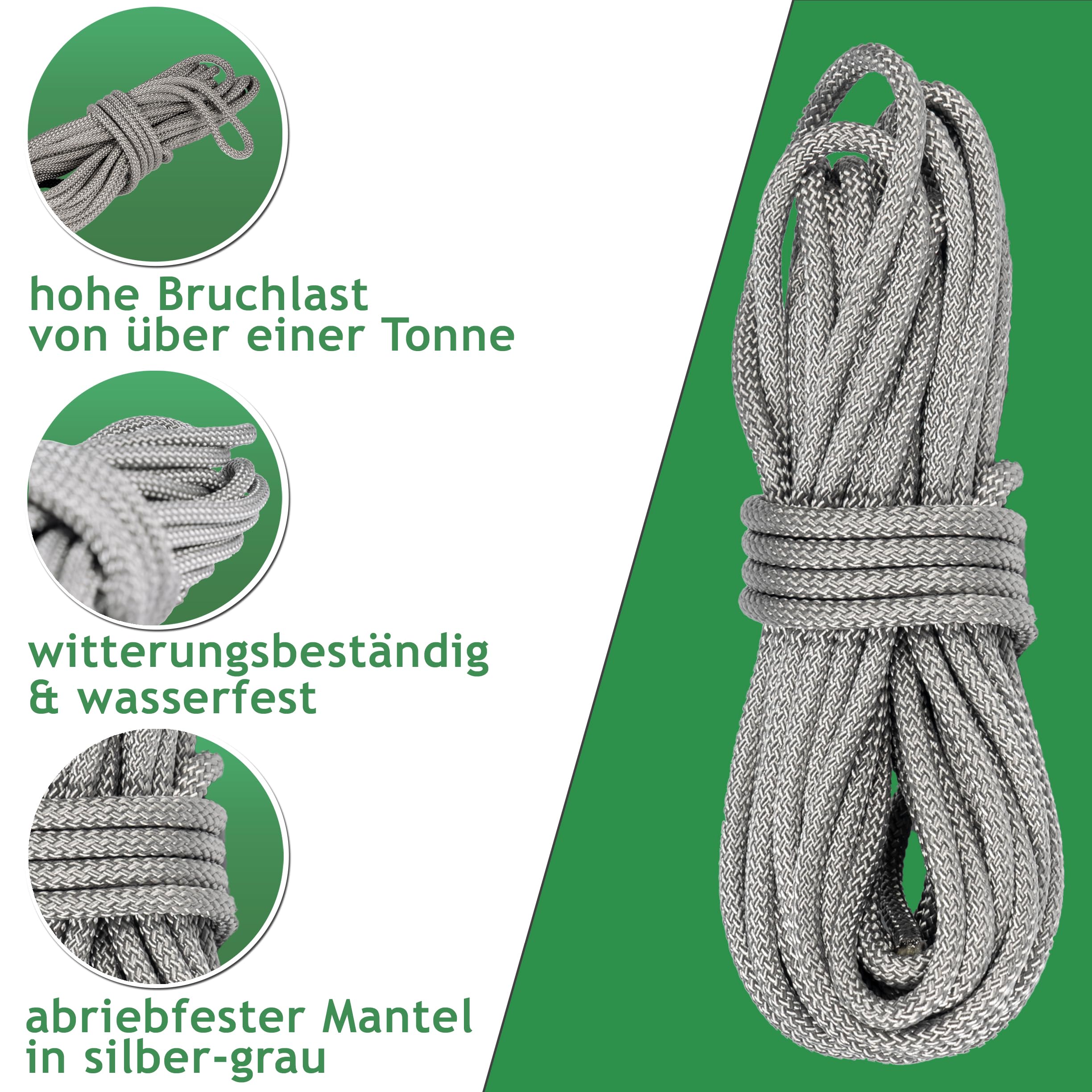 10m Tauwerk, Ø 6mm Seil für Sonnensegel aus Polyester Silber-grau | für Flaschenzug, Umlenkrolle, Seilzug & Boote, 800kg Reißlast & Bruchlast 1050 daN (Tauwerk + 2 Seilklemmen)