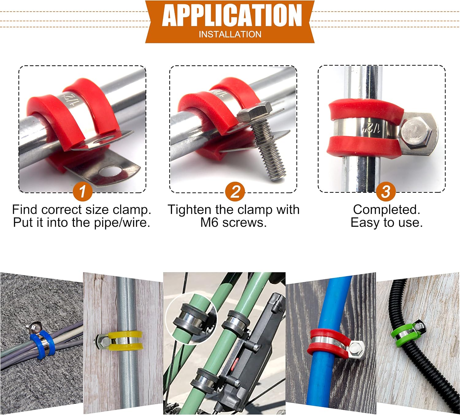 ISPINNER 52pcs Cable Clamps Assortment Kit, 304 Stainless Steel Rubber Cushion Pipe Clamps in 6 Sizes 1/4" 5/16" 3/8" 1/2" 5/8" 3/4" (Red)
