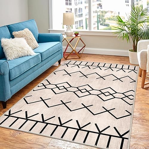 Alfombra cuadrada lavable de 5 x 5, color crema con parte trasera antideslizante, resistente a las manchas, plegable, bohemia lavable a máquina,