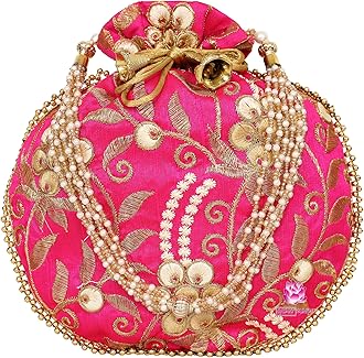 EkavyaPotli Bag for Women Ethnic Gold, Pearl Handle Floral Accents, Drawstring Closure Pearls Handle Batwa Clutch Purse