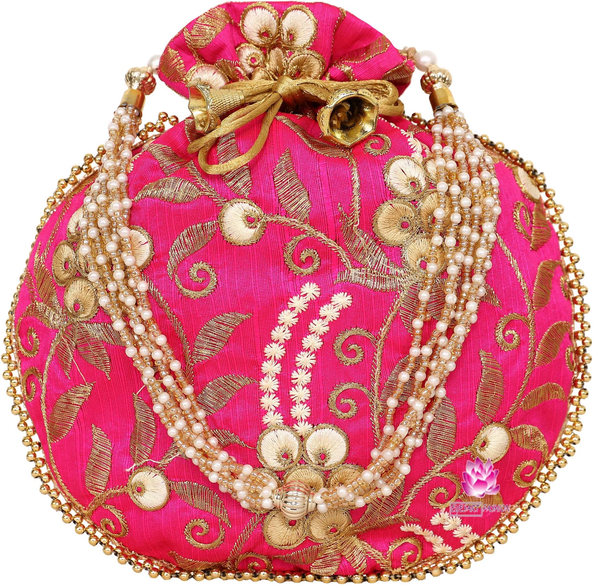 Potli Bag for Women Ethnic Gold, Pearl Handle Floral Accents, Drawstring Closure Pearls Handle Batwa Clutch Purse