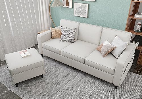 Sofás seccionales para sala de estar, sofá convertible en forma de L, sofás modernos de lino beige de 3 plazas con otomano de almacenamiento, sofá