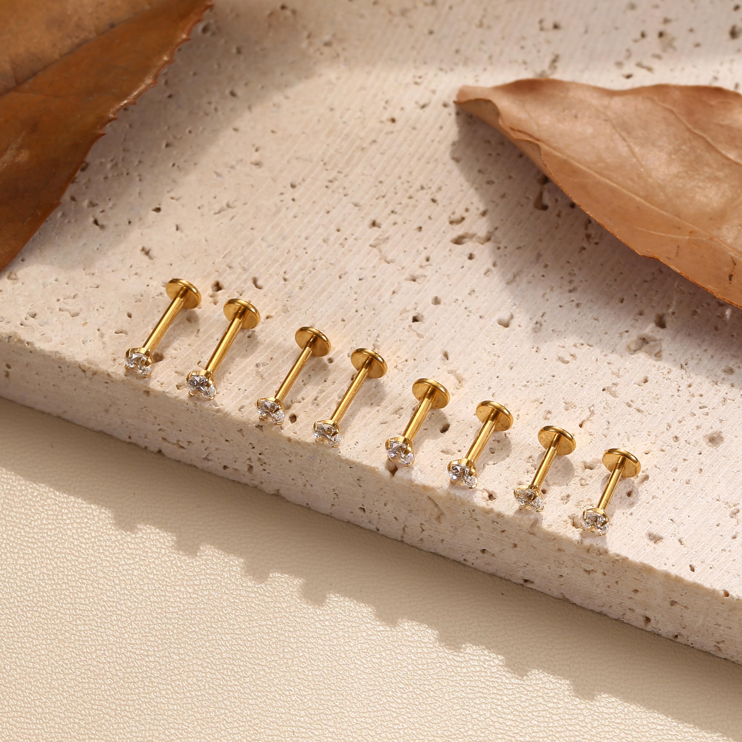 Adramata 2Pcs G23 Titanio Labret Roscado Interno Piercing Labio Monroe Medusa CZ Pendiente Nariz Helix Tragus Oro Plata Oreja