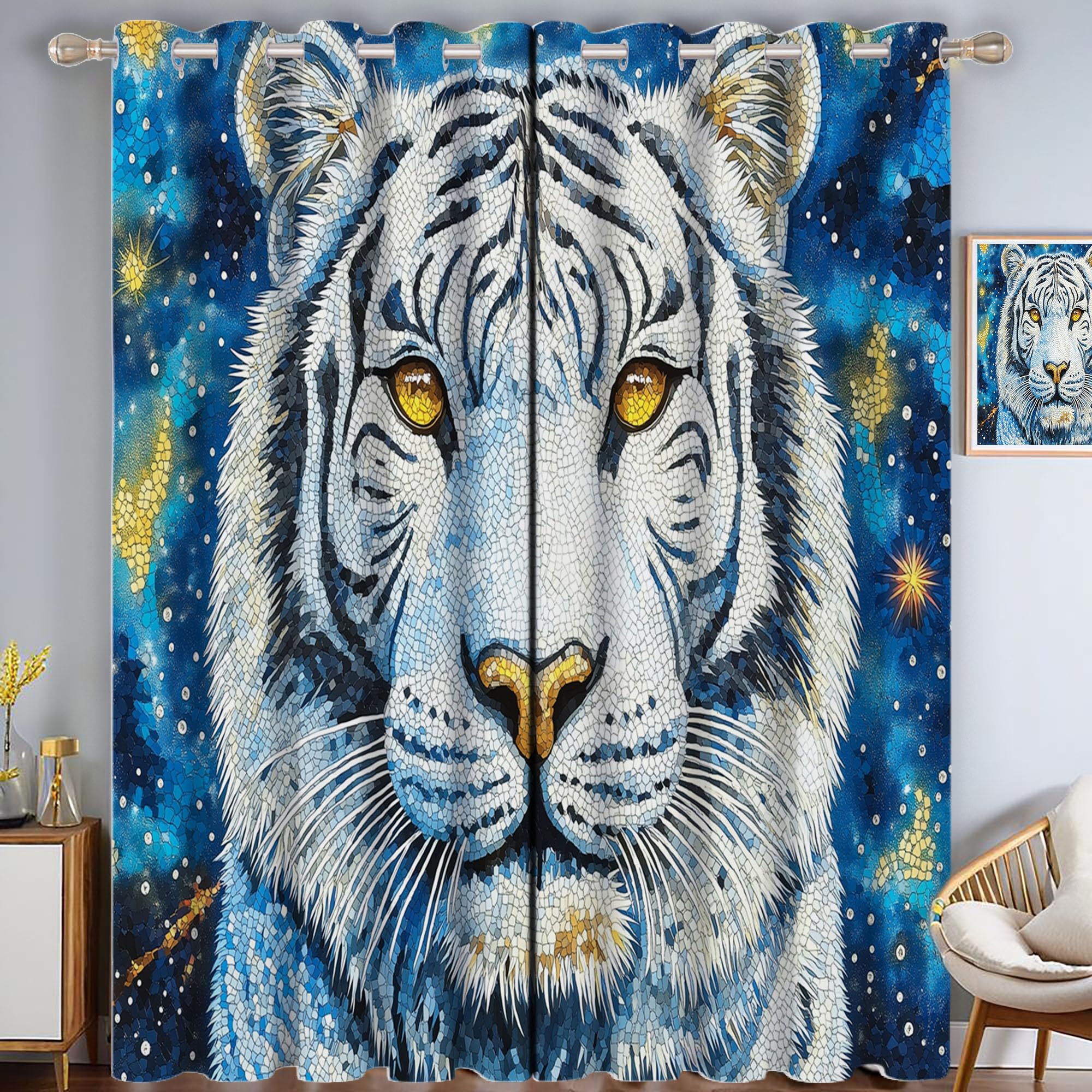 Rideaux oeillets de qualité supérieure motif tigre portrait bleu 2 panneaux