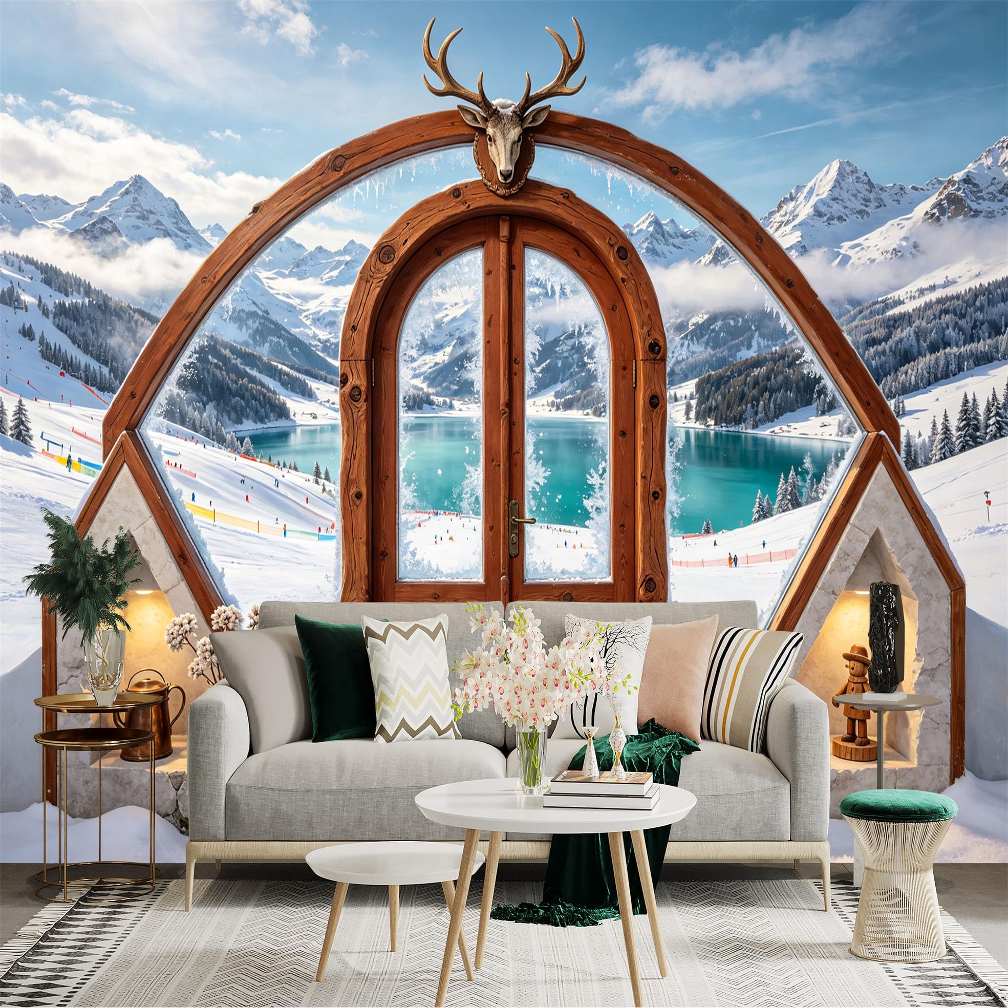 Custom Size Wall Sticker Mural， Snowy Mountain Lake View， Rustic Wooden Door， Winter Landscape， Alpine Cabin Scene， for wall Decoration， peelandstick wall Decals.
