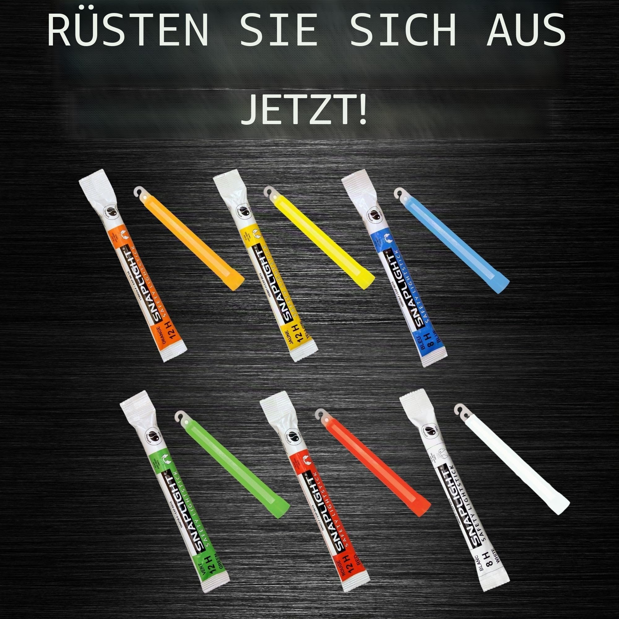 Cyalume Leuchtstab SnapLight - Packung mit 12 Leuchtstäbe in 6 Farben (2 grün, 2 gelb, 2 rot, 2 orange, 2 blau und 2 weiß), Knicklichter 15 cm lang, fluoreszierend für 8 und 12 Stunden