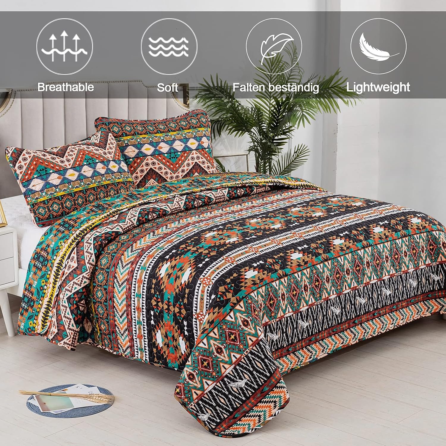 Boho Quilt Set Queen,Southwestern Stripe Bedding Set with 2 Pillowcases, 3 Pieces Reversible Bohemian Birds Pattern Quilted Jacquard Coverlet Set for All Seasons Patchwork Queen(90"x96")