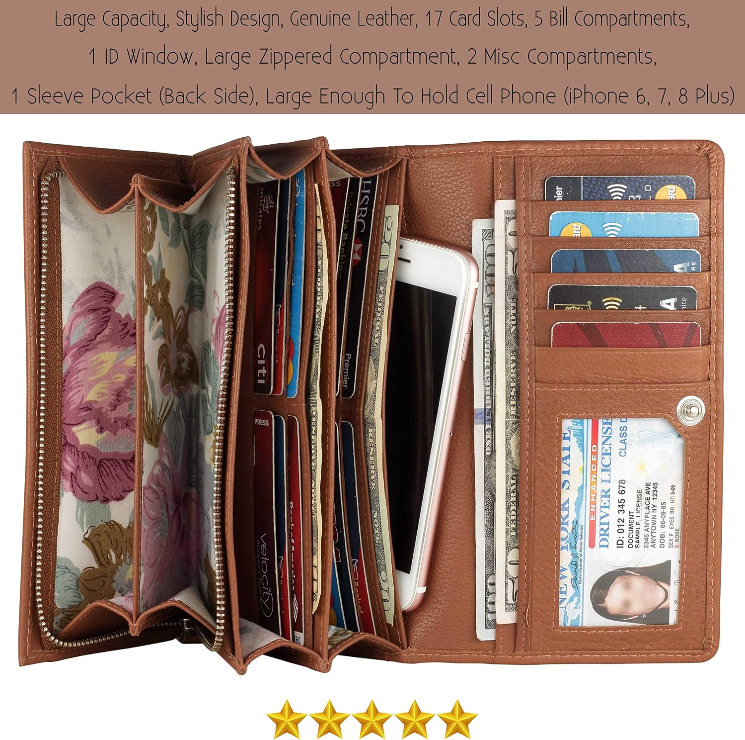Women's Top Grain Leather Wallet, RFID Blocking Bifold clutch, 17 Card Slots, Zip Pocket Organizer, Elegant Gift for Women — Birthday, Valentine, Anniversary - COGNAC