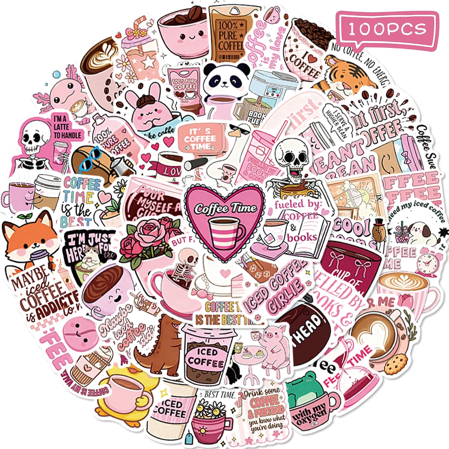 100 PCS Pink Funny Coffee Stickers for Cups, Waterproof Vinyl Sticker for Laptop Scrapbook Water Bottle, Coffee Lover Gifts Decal for Women Men Adults-C11