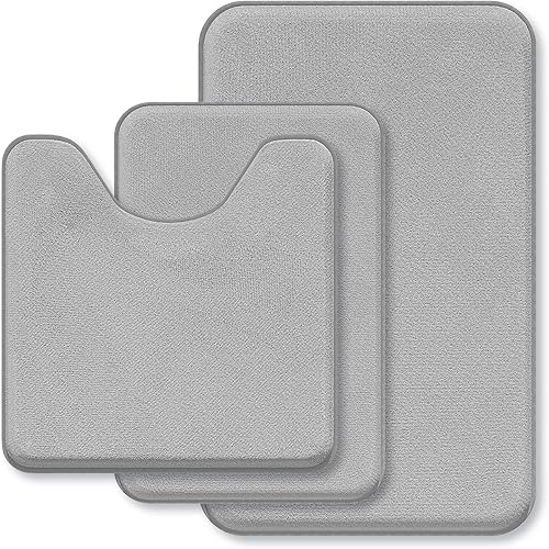 Alfombras de baño de 3 piezas de espuma viscoelástica gris para baño tapetes de baño antideslizantes, alfombras peludas absorbentes, lavables a