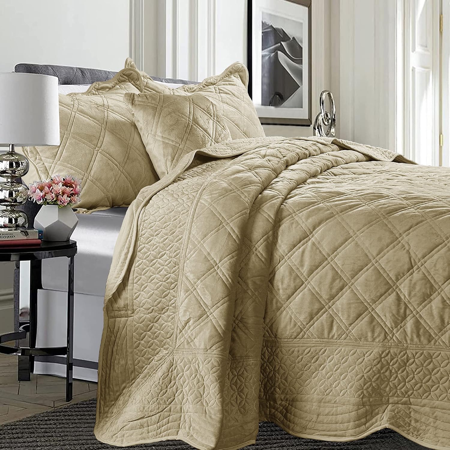 Home Soft Things Super Soft Microplush 4 Piece Bedspread Set Oversize Queen 110" x 120", Taupe Diamond Plaid Scallop Edged Warm Cozy Plush Quilt Comforter Bedding Set with 2 Shams 1 Pillow