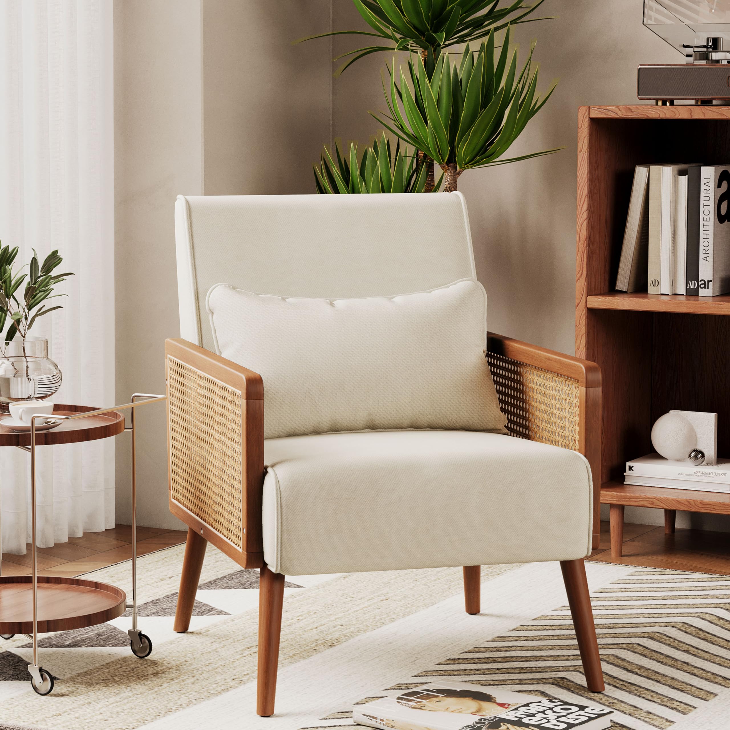 POINTANT Mid Century Velvet Accent Chair, Wooden Upholstered Leisure Armchair with Rattan Armrest, Modern Comfy Reading Accent Chair, for Living Room Bedroom Lounge Side Boho Club Chair, Beige