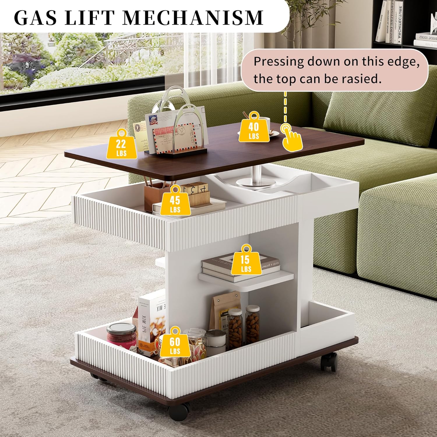 Merax Adjustable End Table with Wheels, Modern Multifunctional Sofa Side Table with Lift-Top, 360°Rotating Top and Storage Space for Living Room, Small Space, Brown+White